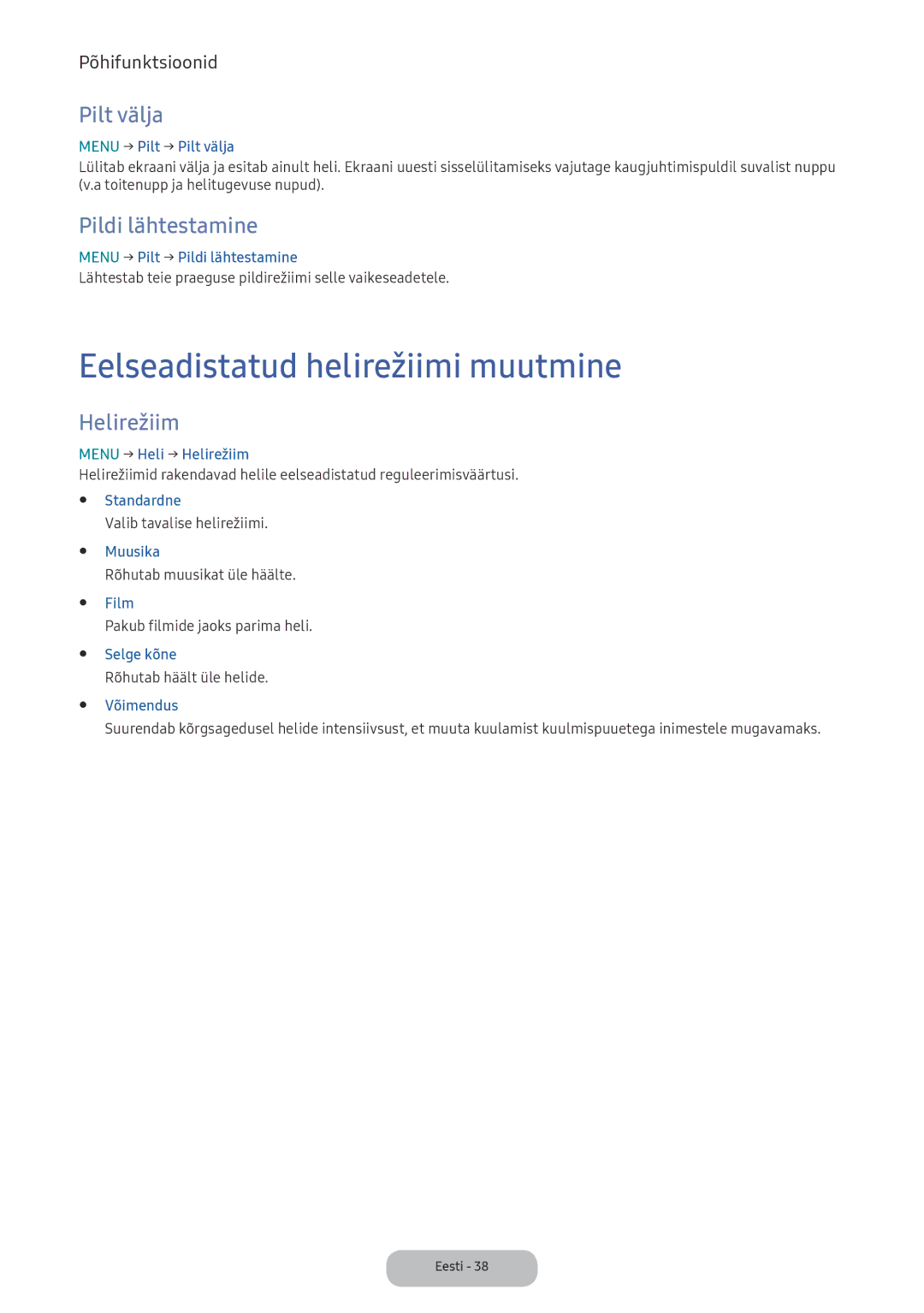 Samsung LV27F390FEWXEN, LV32F390FEWXEN Eelseadistatud helirežiimi muutmine, Pilt välja, Pildi lähtestamine, Helirežiim 