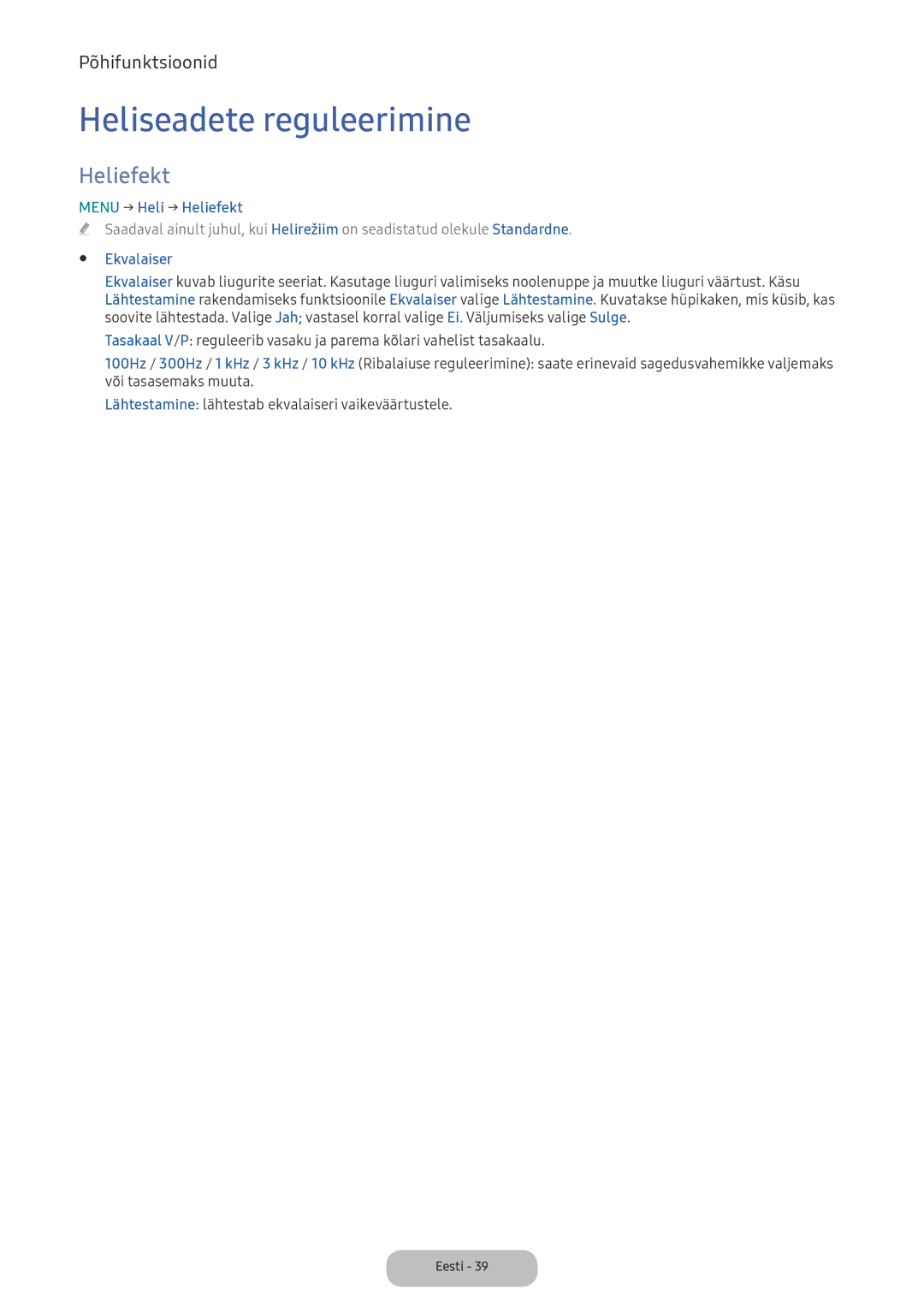 Samsung LV32F390FEWXEN, LV27F390FEWXEN manual Heliseadete reguleerimine, Menu → Heli → Heliefekt, Ekvalaiser 