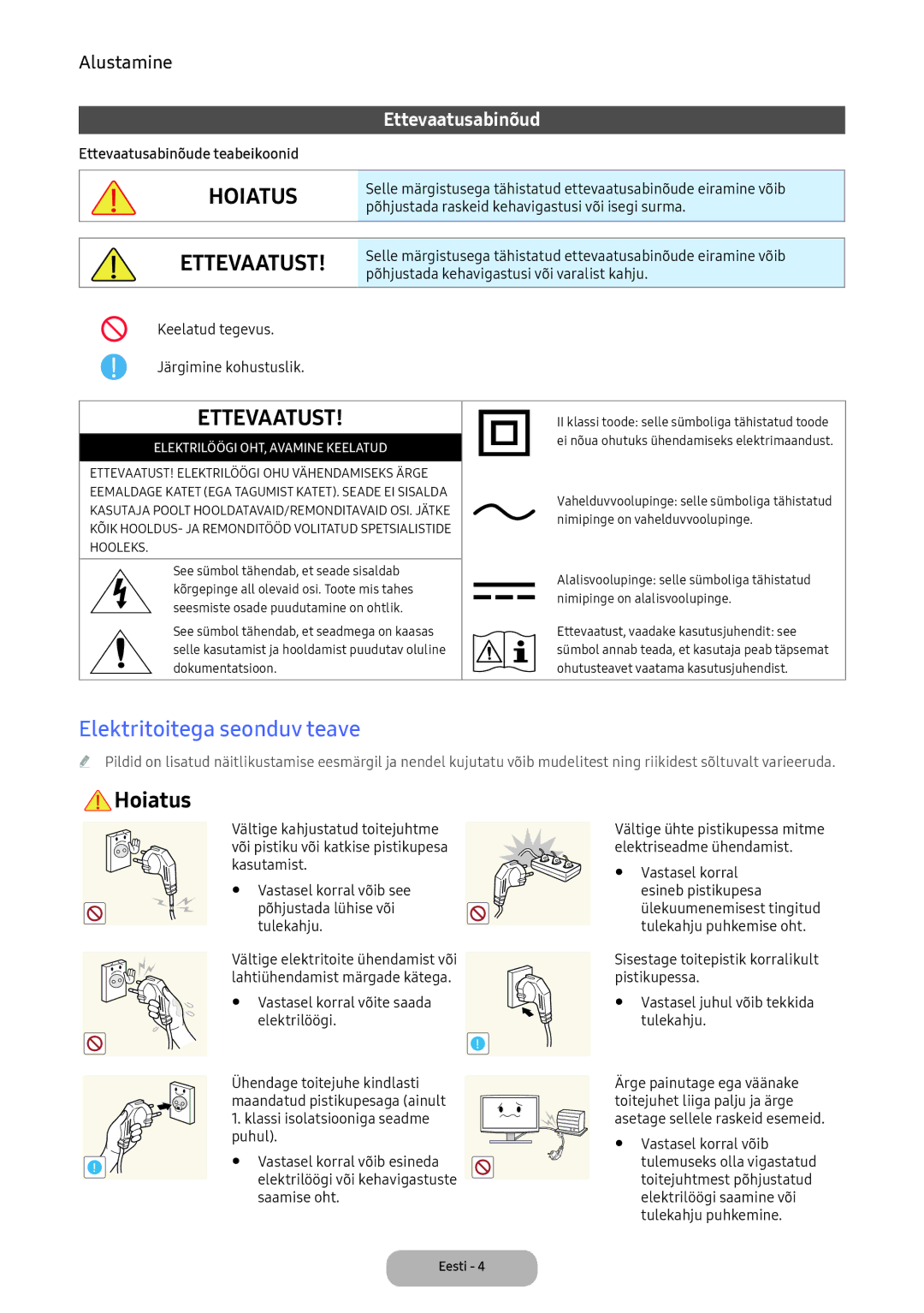 Samsung LV27F390FEWXEN, LV32F390FEWXEN manual Hoiatus, Elektritoitega seonduv teave 