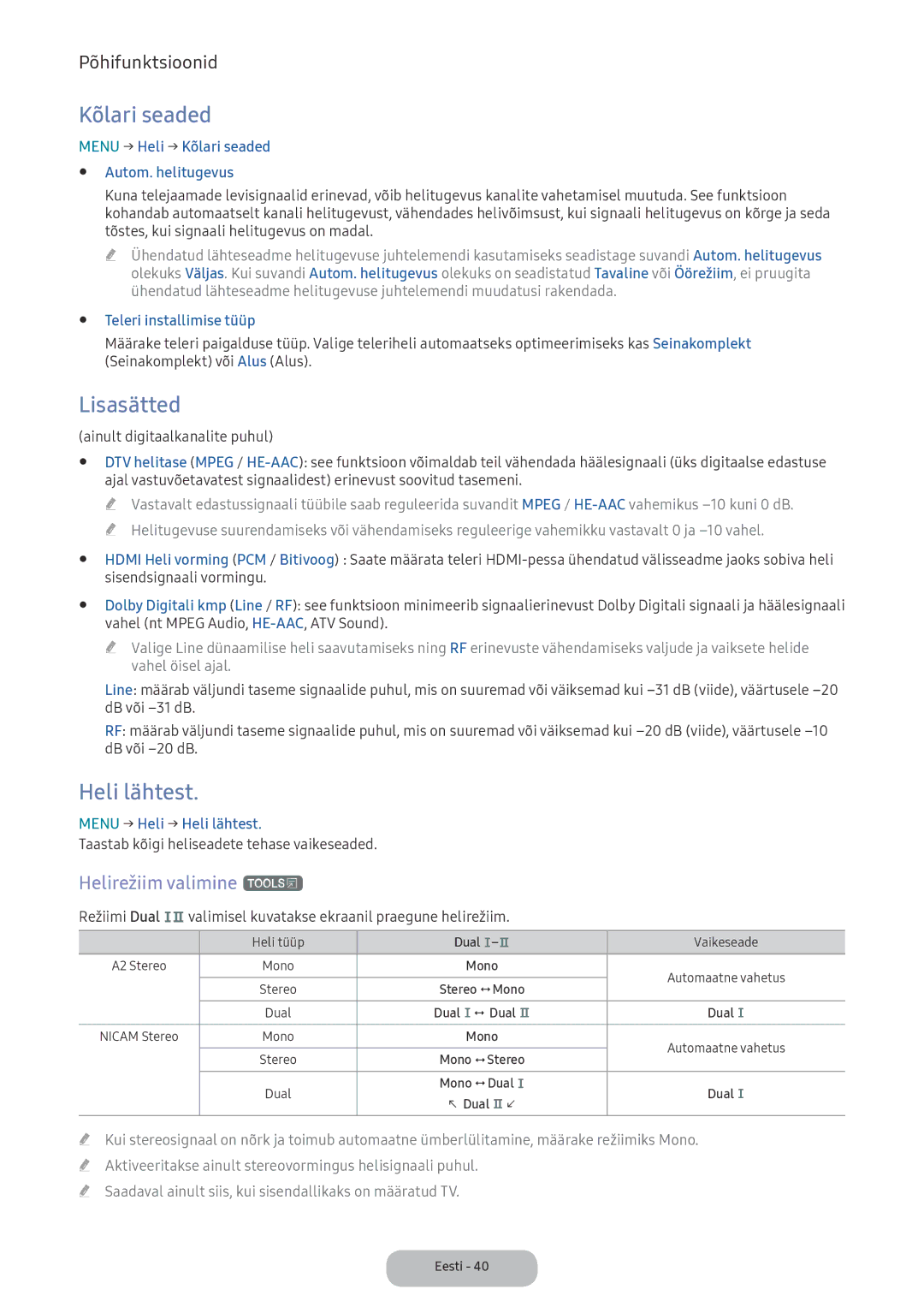 Samsung LV27F390FEWXEN, LV32F390FEWXEN manual Kõlari seaded, Lisasätted, Heli lähtest, Helirežiim valimine t 