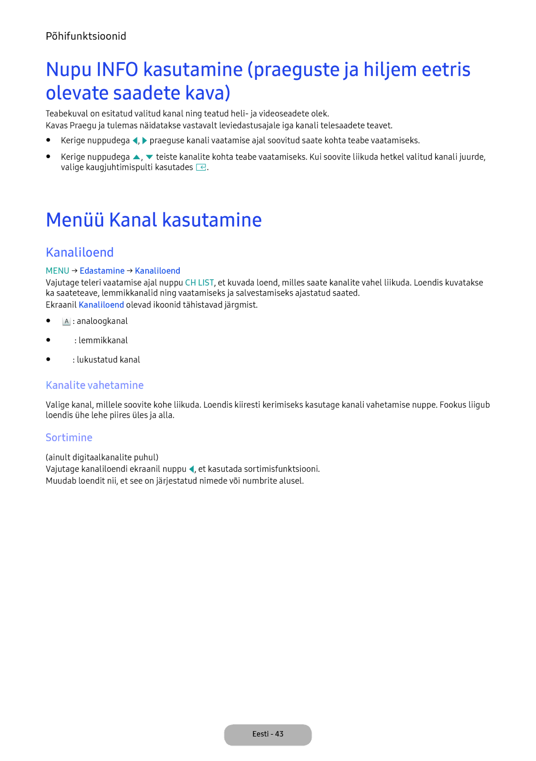 Samsung LV32F390FEWXEN, LV27F390FEWXEN manual Menüü Kanal kasutamine, Kanaliloend, Kanalite vahetamine, Sortimine 