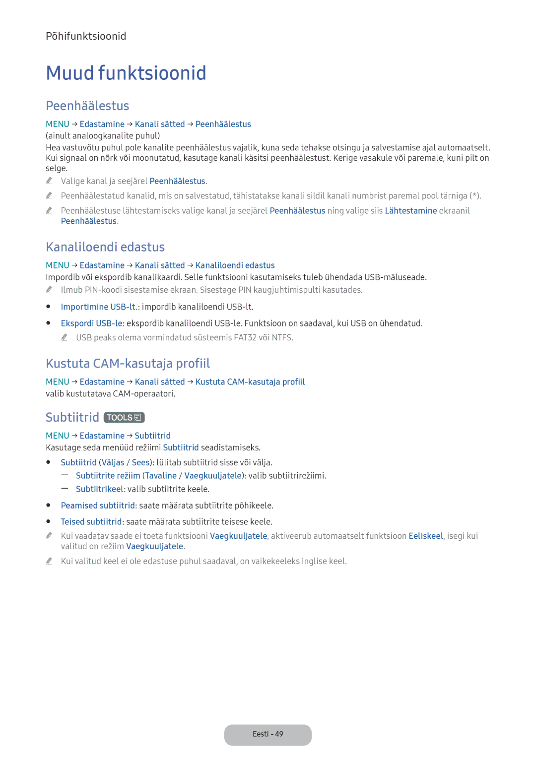 Samsung LV32F390FEWXEN Muud funktsioonid, Peenhäälestus, Kanaliloendi edastus, Kustuta CAM-kasutaja profiil, Subtiitrid t 