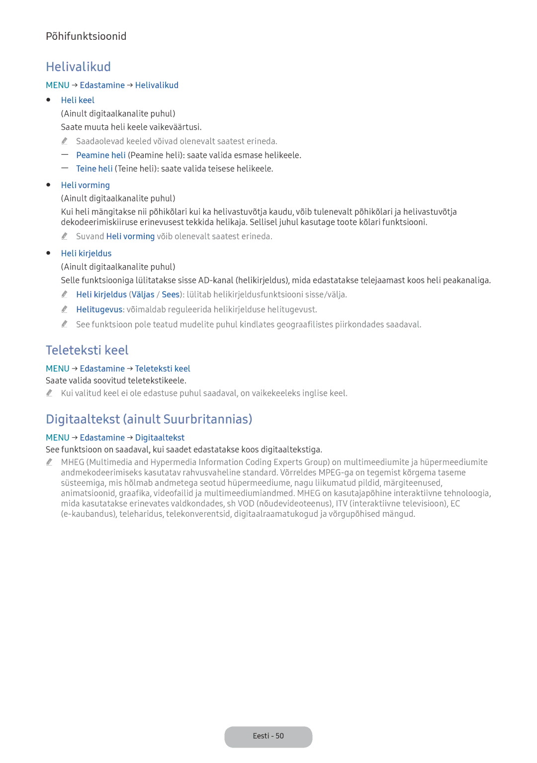 Samsung LV27F390FEWXEN, LV32F390FEWXEN manual Helivalikud, Teleteksti keel, Digitaaltekst ainult Suurbritannias 