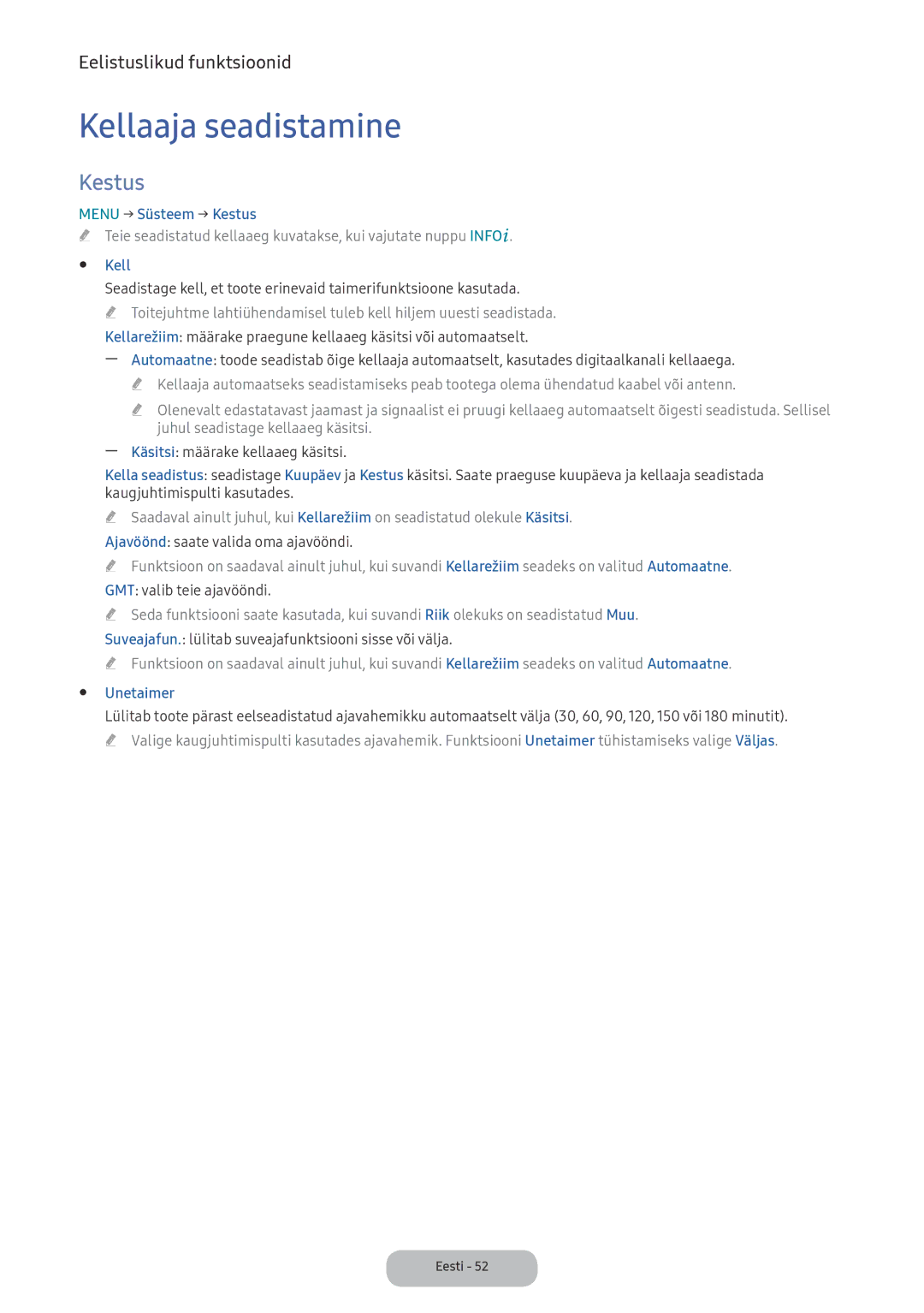 Samsung LV27F390FEWXEN, LV32F390FEWXEN manual Kellaaja seadistamine, Menu → Süsteem → Kestus, Unetaimer 