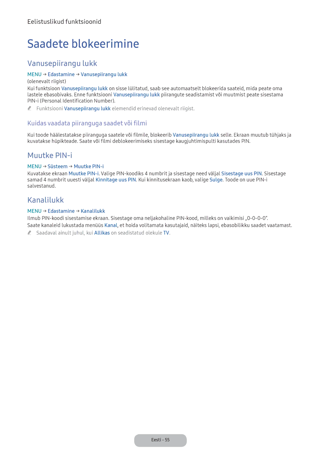 Samsung LV32F390FEWXEN, LV27F390FEWXEN manual Saadete blokeerimine, Vanusepiirangu lukk, Muutke PIN-i, Kanalilukk 