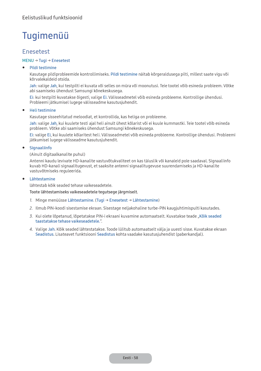 Samsung LV27F390FEWXEN, LV32F390FEWXEN manual Tugimenüü, Enesetest, Heli testimine, Signaaliinfo, Lähtestamine 