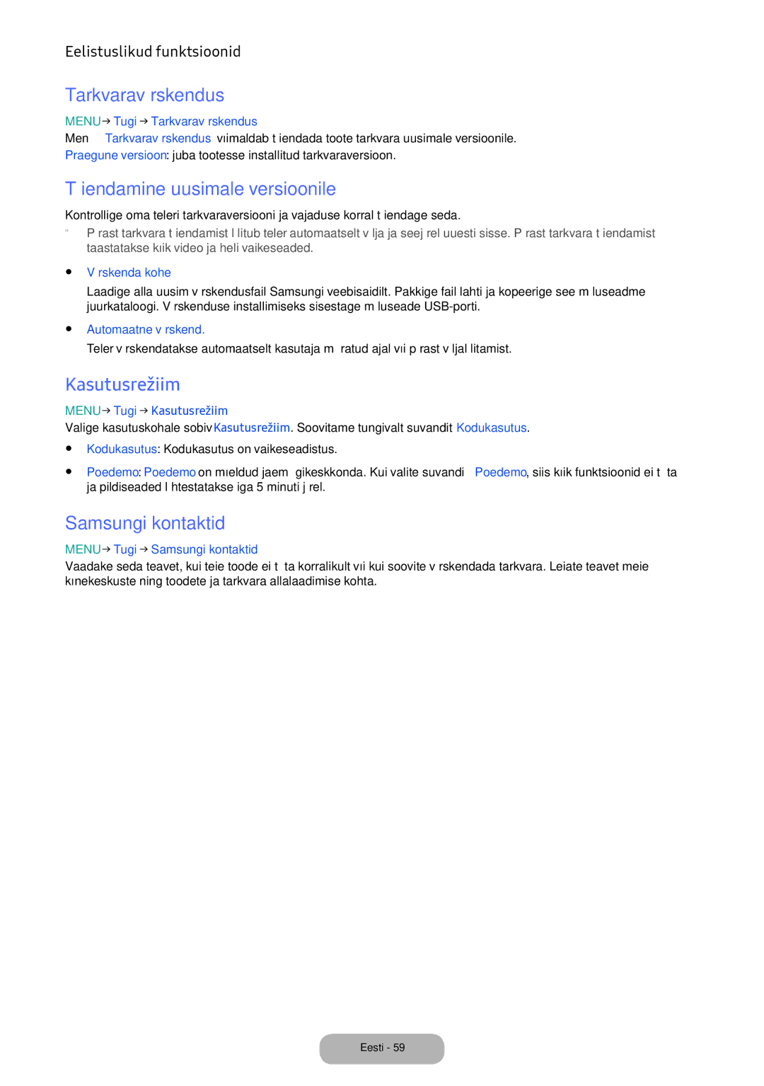 Samsung LV32F390FEWXEN manual Tarkvaravärskendus, Täiendamine uusimale versioonile, Kasutusrežiim, Samsungi kontaktid 