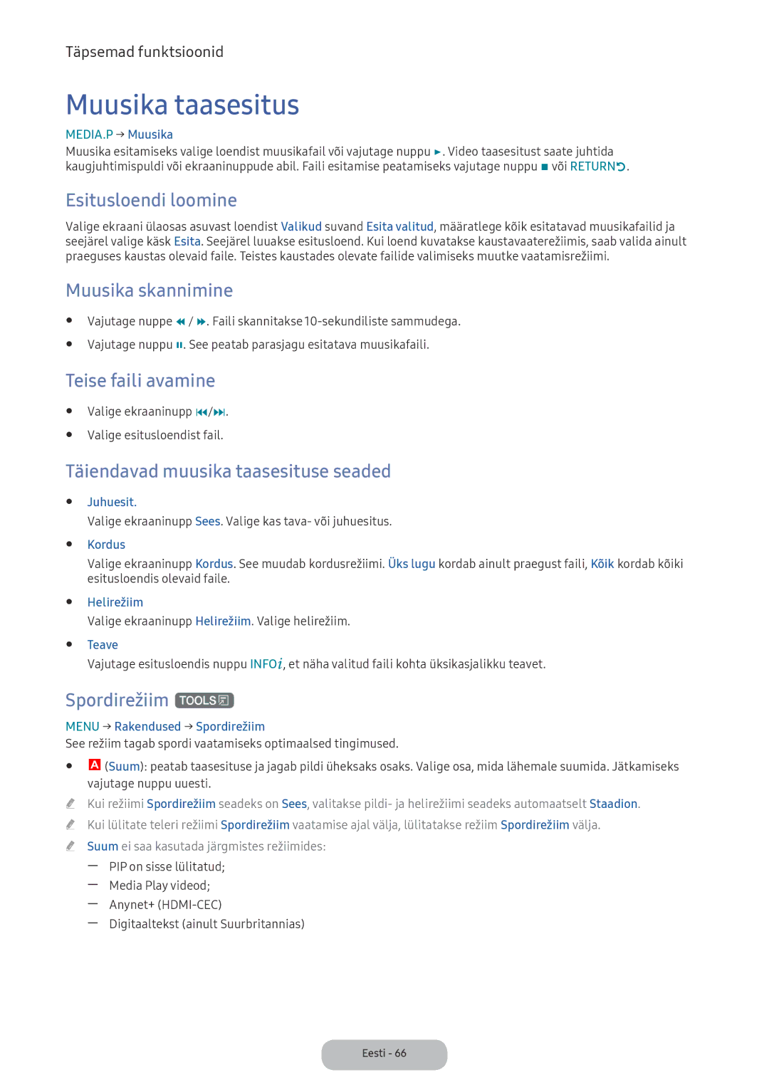 Samsung LV27F390FEWXEN manual Muusika taasesitus, Muusika skannimine, Täiendavad muusika taasesituse seaded, Spordirežiim t 