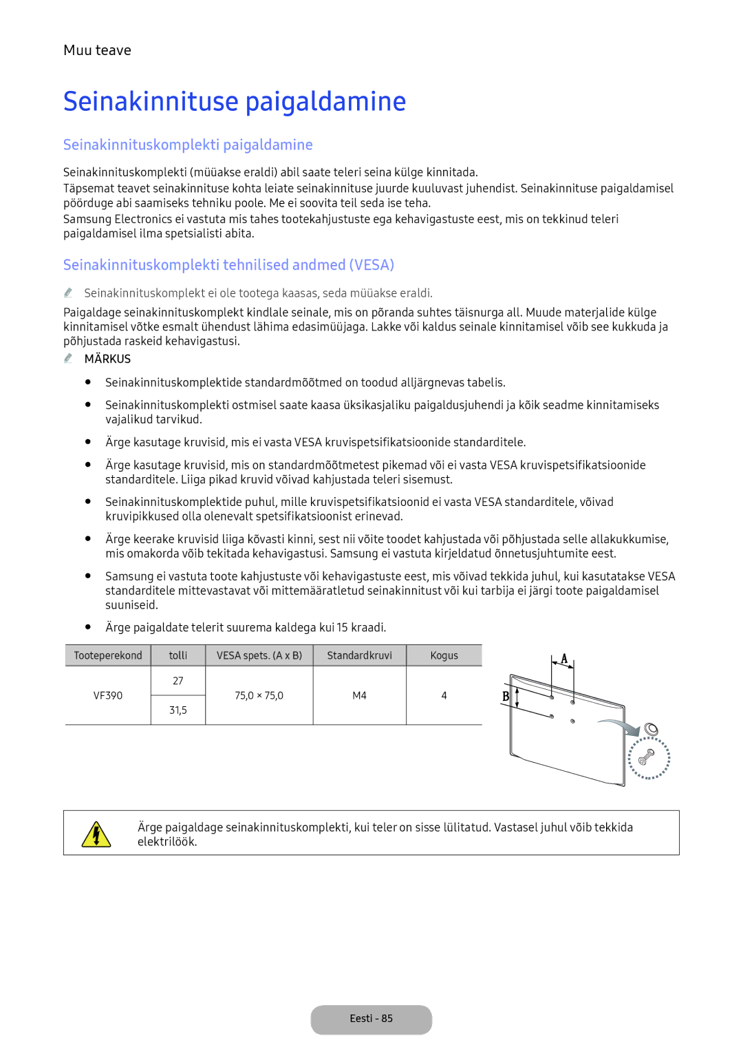 Samsung LV32F390FEWXEN, LV27F390FEWXEN manual Seinakinnituse paigaldamine, Seinakinnituskomplekti paigaldamine 