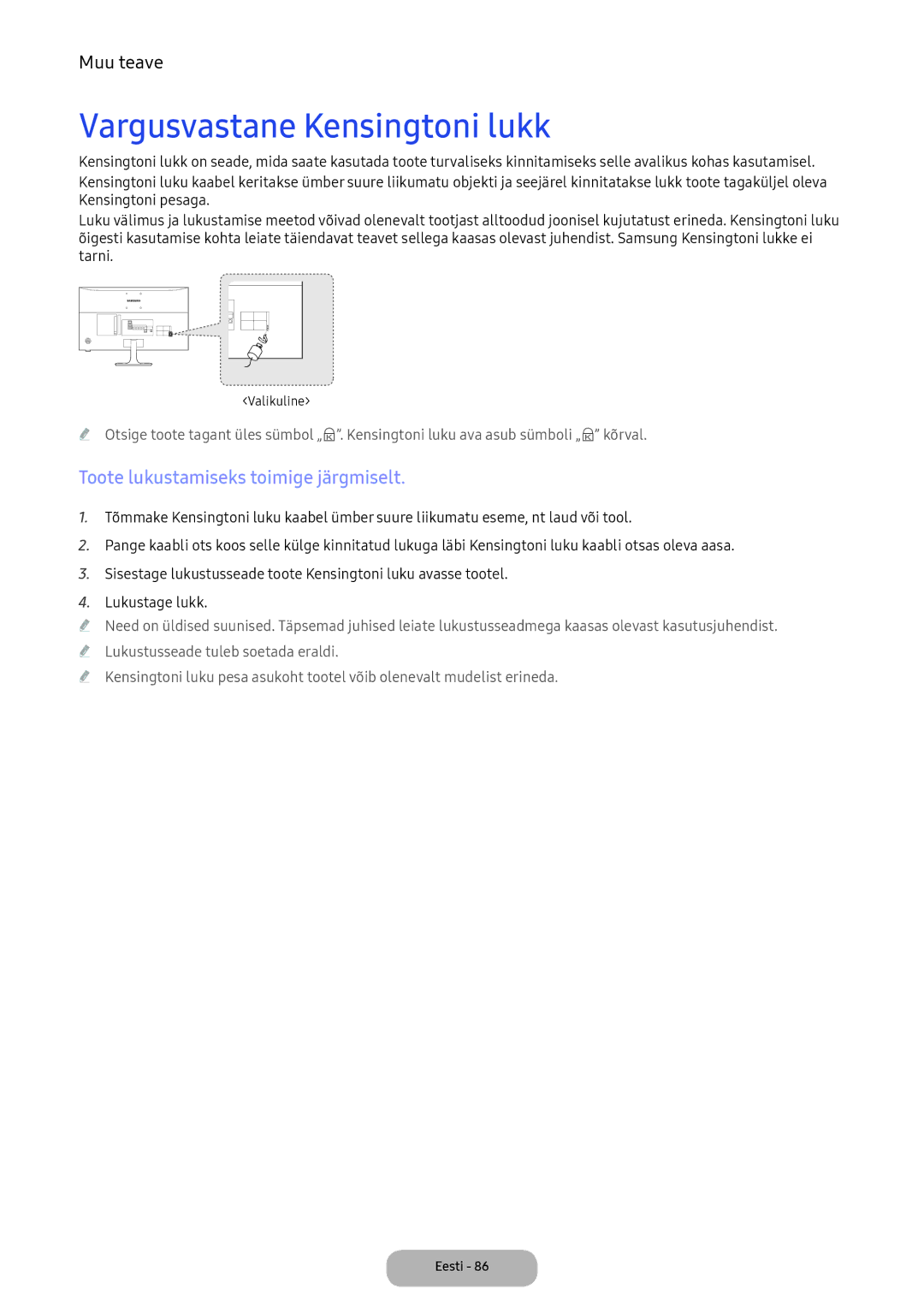 Samsung LV27F390FEWXEN, LV32F390FEWXEN manual Vargusvastane Kensingtoni lukk, Toote lukustamiseks toimige järgmiselt 