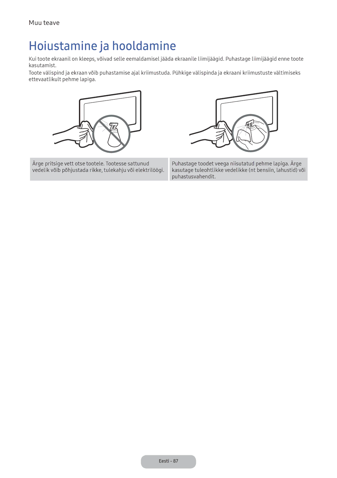 Samsung LV32F390FEWXEN, LV27F390FEWXEN manual Hoiustamine ja hooldamine 