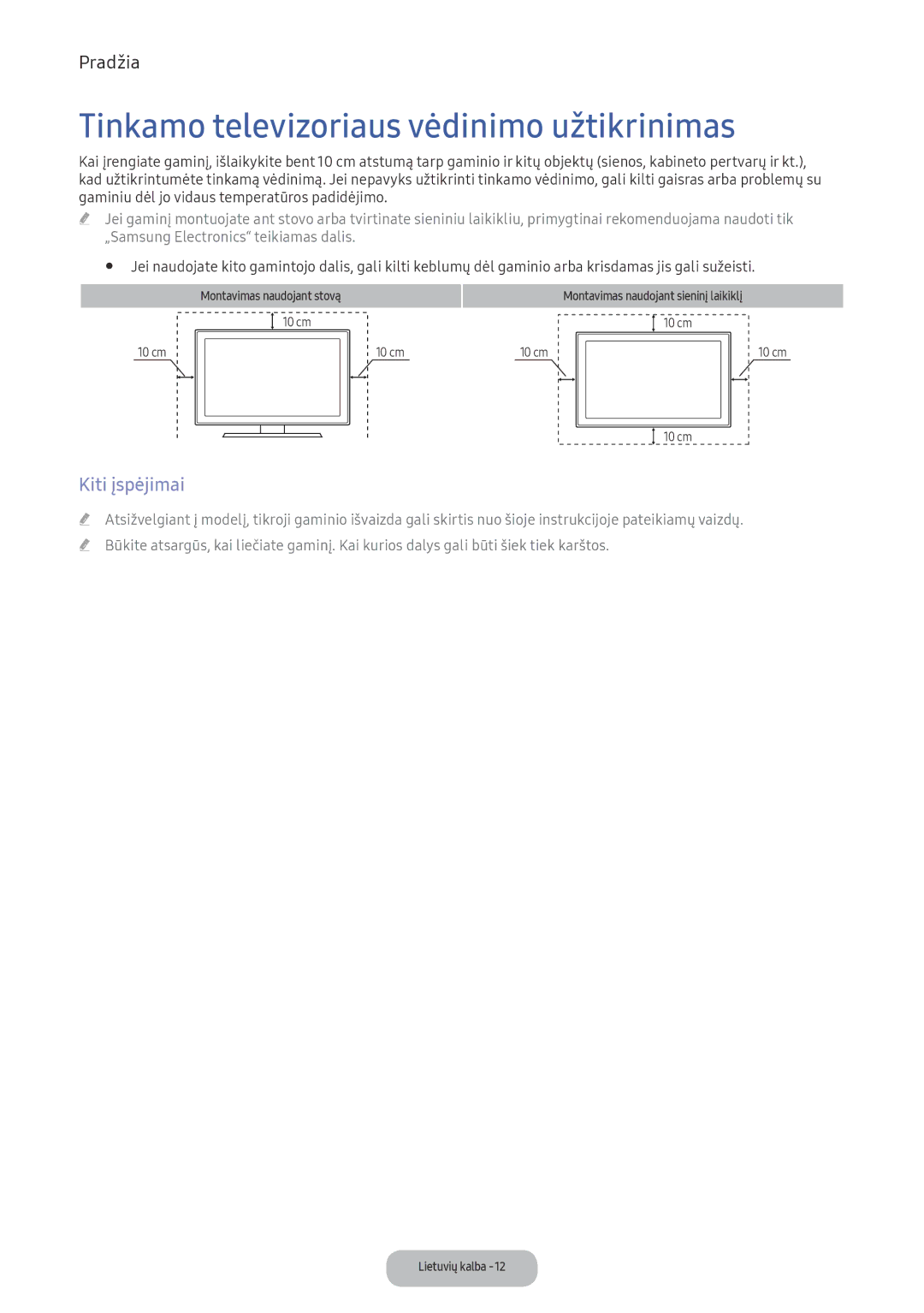 Samsung LV27F390FEWXEN, LV32F390FEWXEN manual Tinkamo televizoriaus vėdinimo užtikrinimas, Kiti įspėjimai 