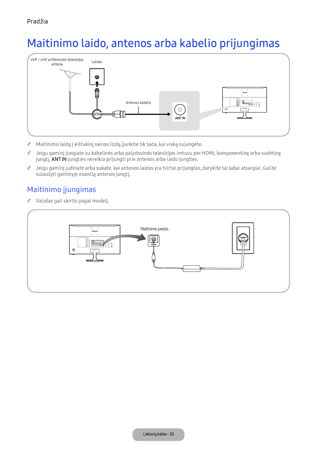 Samsung LV27F390FEWXEN, LV32F390FEWXEN manual Maitinimo laido, antenos arba kabelio prijungimas, Maitinimo įjungimas 