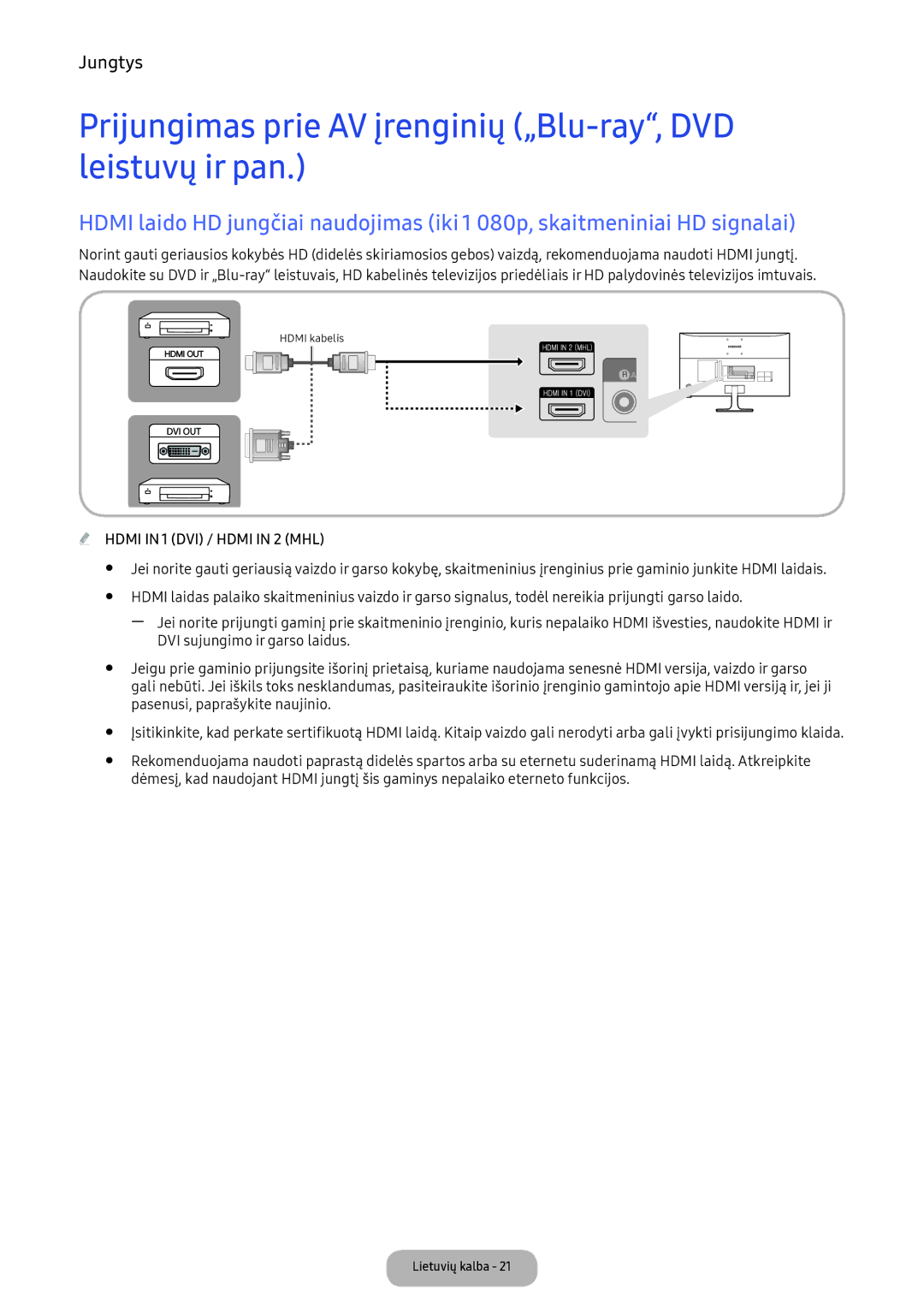 Samsung LV32F390FEWXEN manual Prijungimas prie AV įrenginių „Blu-ray, DVD leistuvų ir pan, DVI sujungimo ir garso laidus 