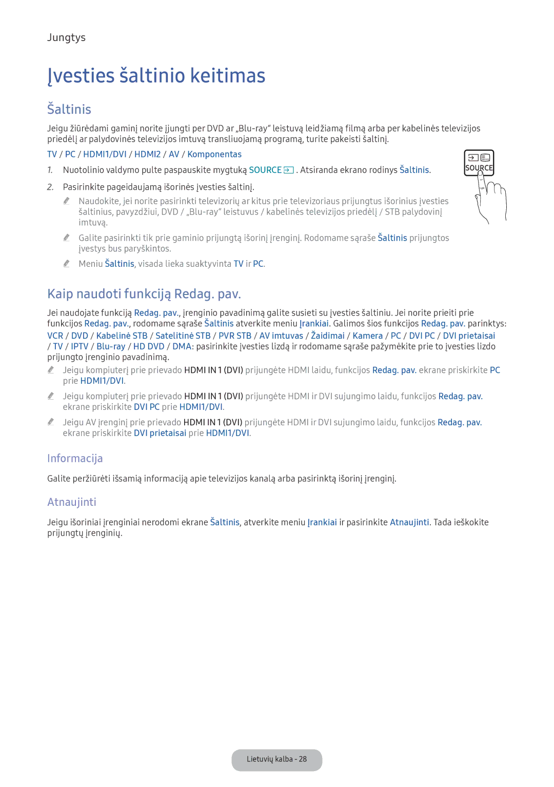 Samsung LV27F390FEWXEN Įvesties šaltinio keitimas, Šaltinis, Kaip naudoti funkciją Redag. pav, Informacija, Atnaujinti 