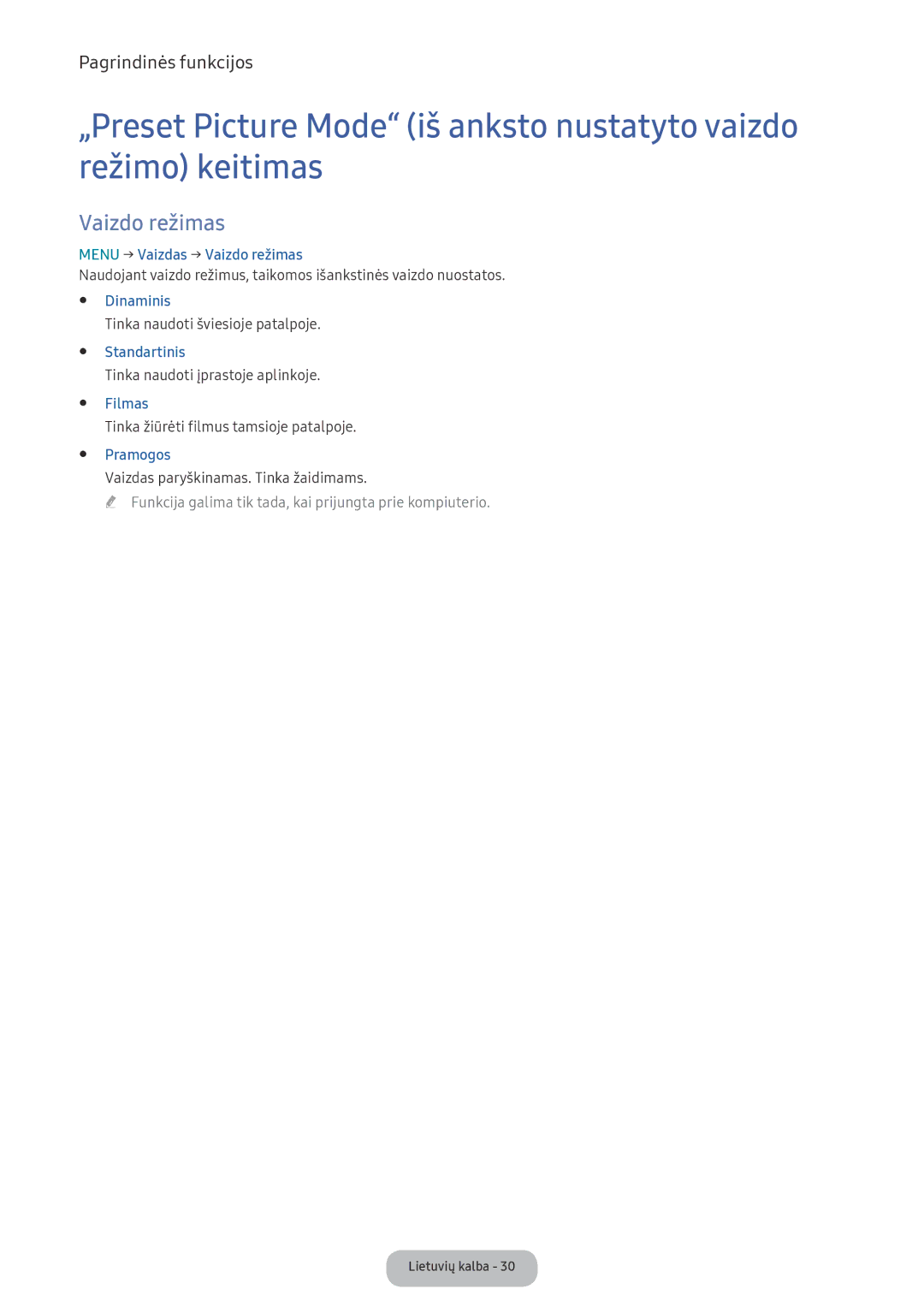 Samsung LV27F390FEWXEN, LV32F390FEWXEN manual Menu → Vaizdas → Vaizdo režimas, Standartinis, Filmas, Pramogos 