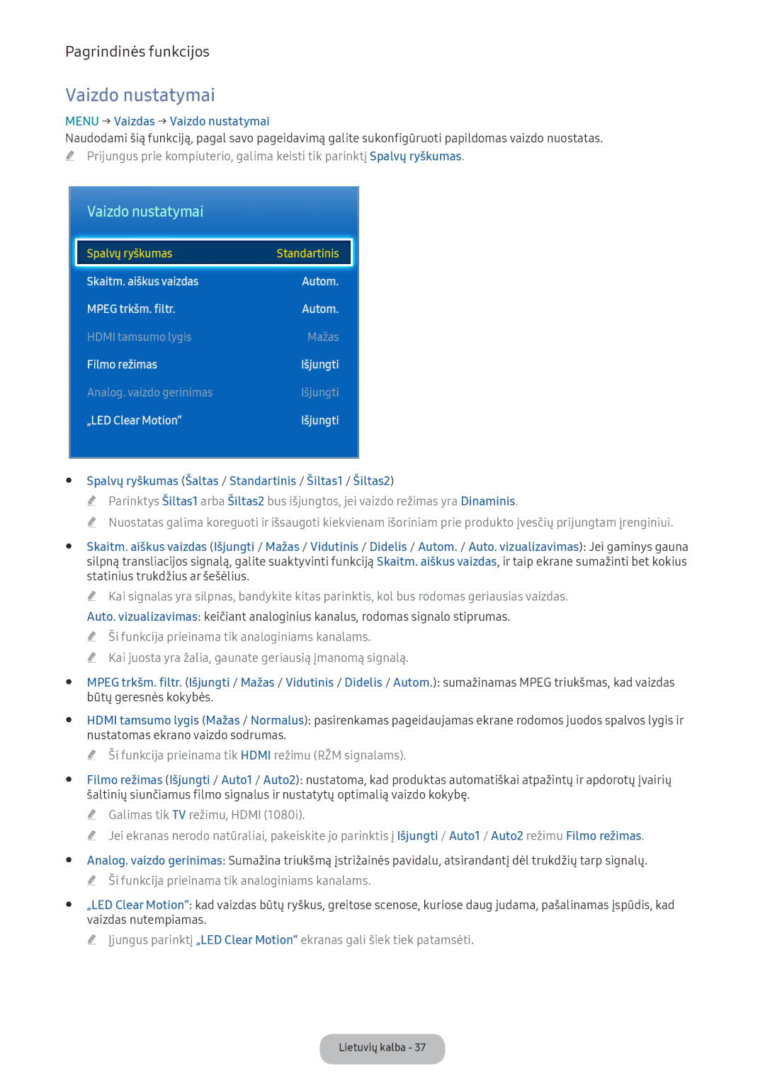 Samsung LV32F390FEWXEN Menu → Vaizdas → Vaizdo nustatymai, Spalvų ryškumas Šaltas / Standartinis / Šiltas1 / Šiltas2 