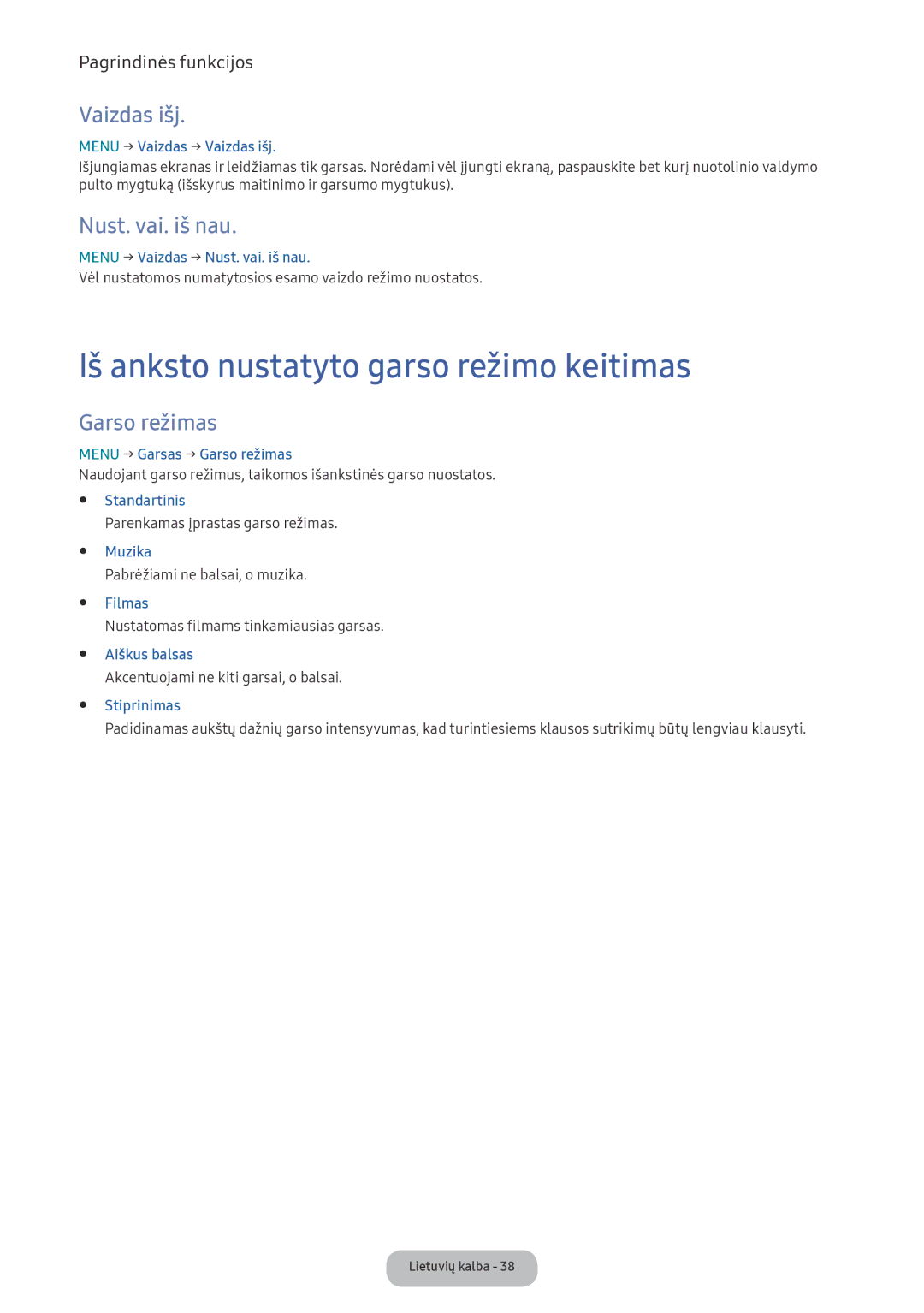 Samsung LV27F390FEWXEN manual Iš anksto nustatyto garso režimo keitimas, Vaizdas išj, Nust. vai. iš nau, Garso režimas 