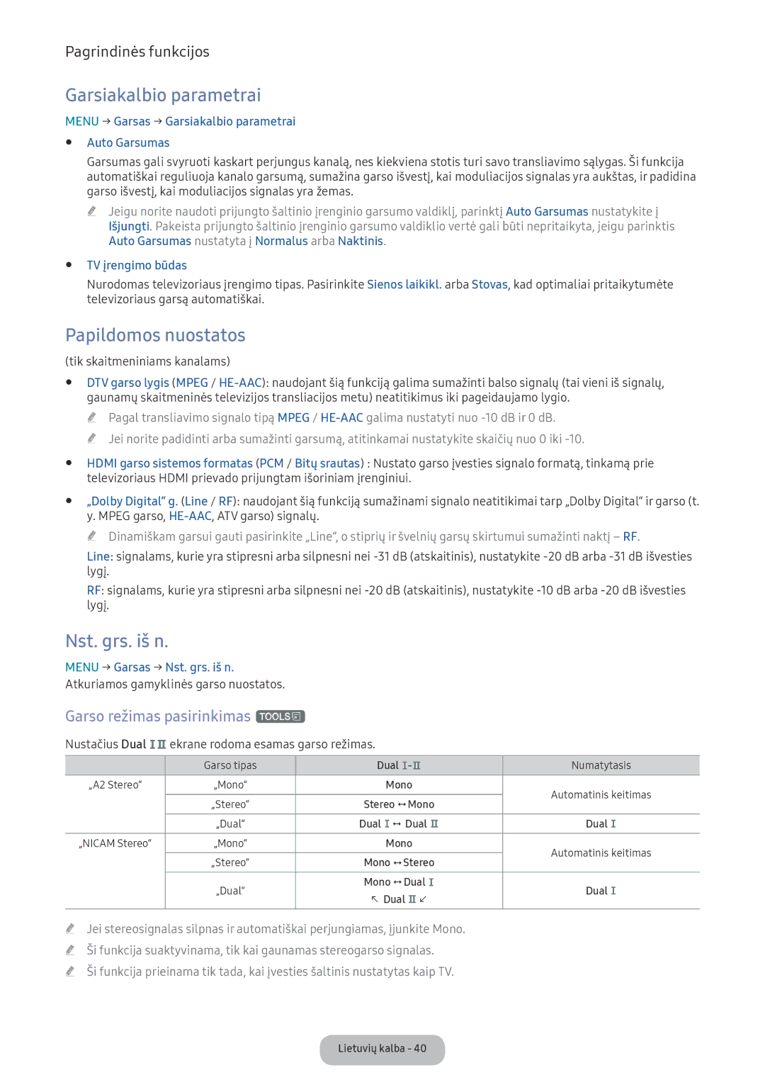 Samsung LV27F390FEWXEN manual Garsiakalbio parametrai, Papildomos nuostatos, Nst. grs. iš n, Garso režimas pasirinkimas t 