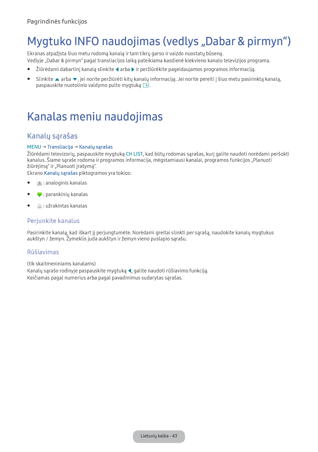 Samsung LV32F390FEWXEN, LV27F390FEWXEN manual Kanalas meniu naudojimas, Kanalų sąrašas, Perjunkite kanalus, Rūšiavimas 