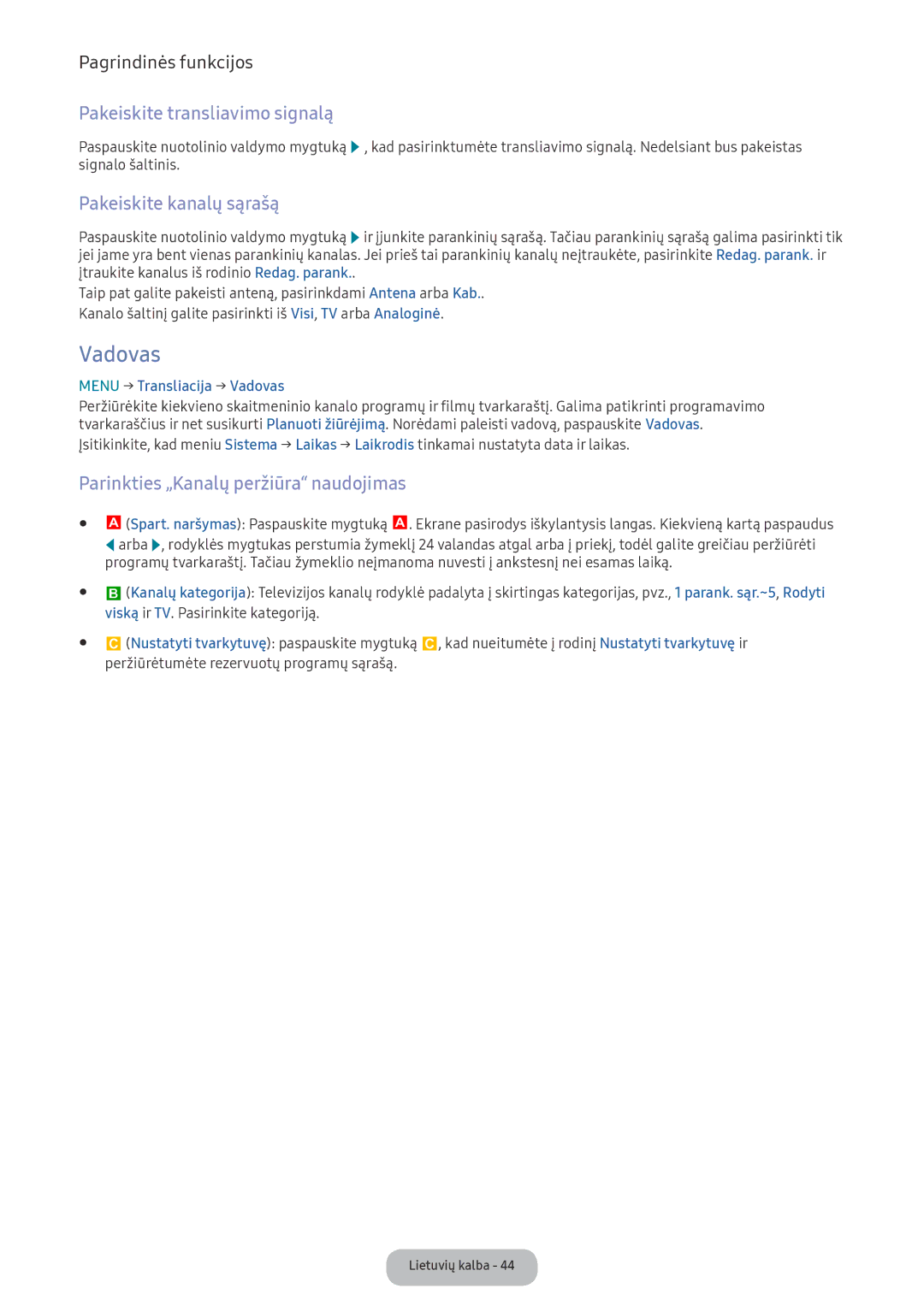 Samsung LV27F390FEWXEN manual Pakeiskite transliavimo signalą, Pakeiskite kanalų sąrašą, Menu → Transliacija → Vadovas 