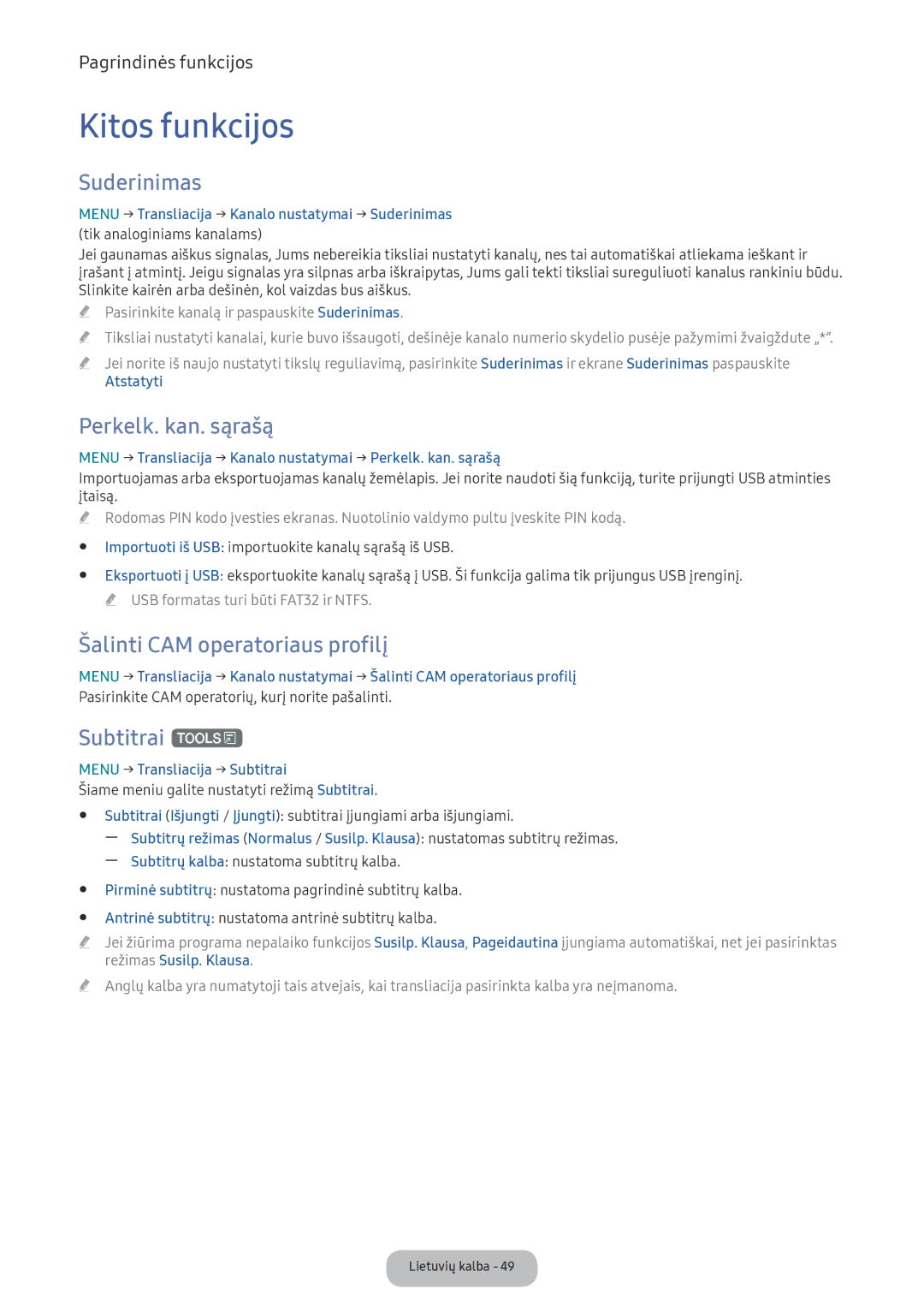 Samsung LV32F390FEWXEN Kitos funkcijos, Suderinimas, Perkelk. kan. sąrašą, Šalinti CAM operatoriaus profilį, Subtitrai t 