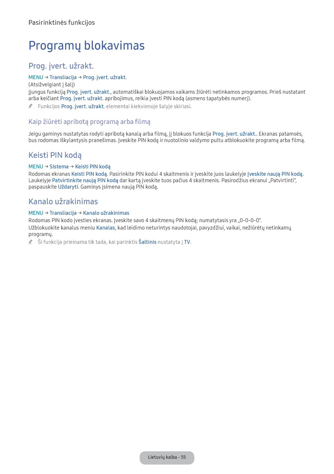 Samsung LV32F390FEWXEN, LV27F390FEWXEN manual Programų blokavimas, Prog. įvert. užrakt, Keisti PIN kodą, Kanalo užrakinimas 