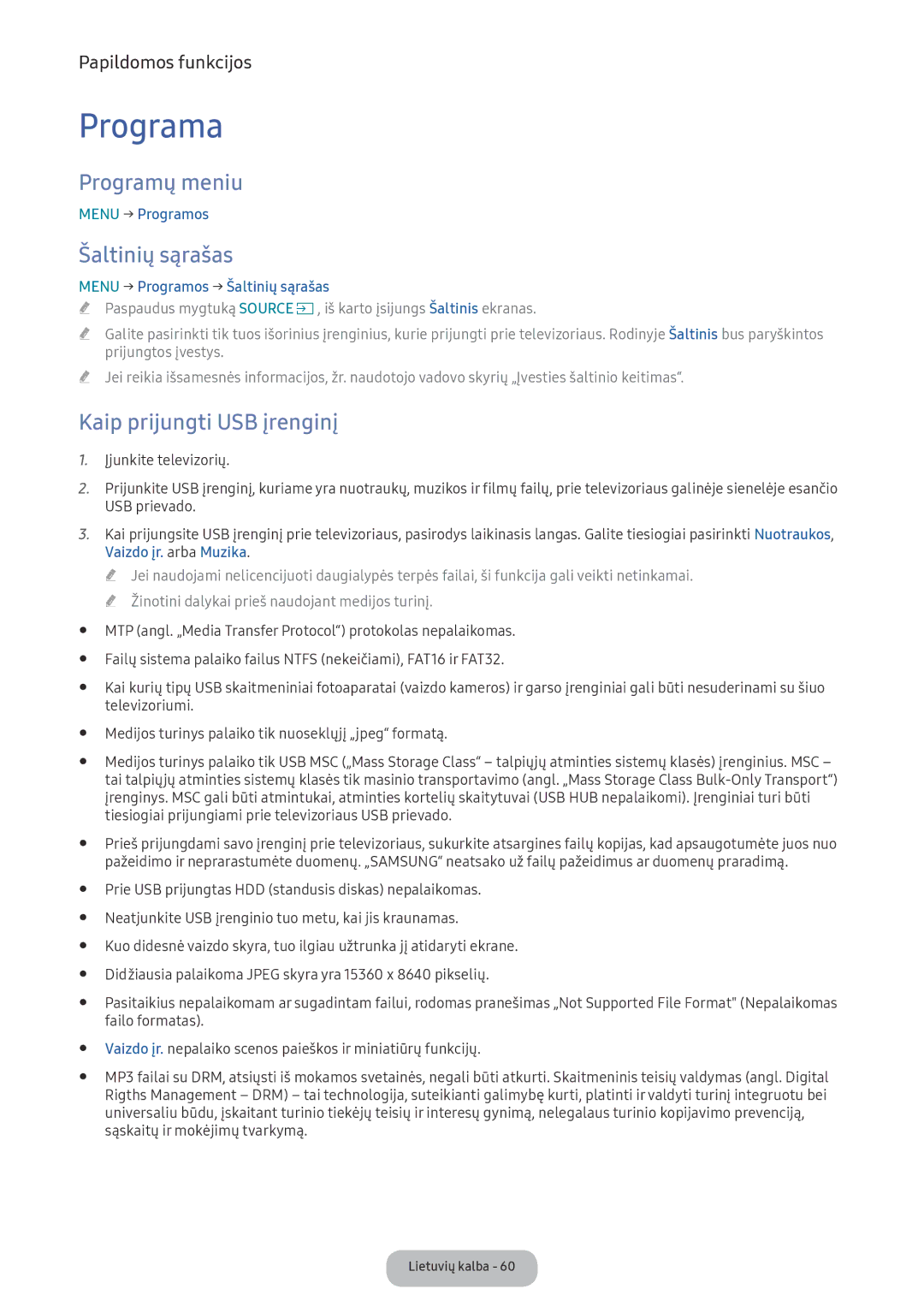 Samsung LV27F390FEWXEN, LV32F390FEWXEN manual Programa, Programų meniu, Šaltinių sąrašas, Kaip prijungti USB įrenginį 