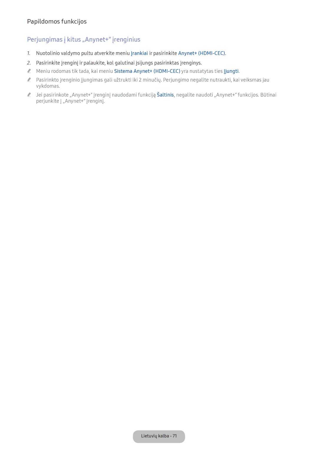 Samsung LV32F390FEWXEN, LV27F390FEWXEN manual Perjungimas į kitus „Anynet+ įrenginius 