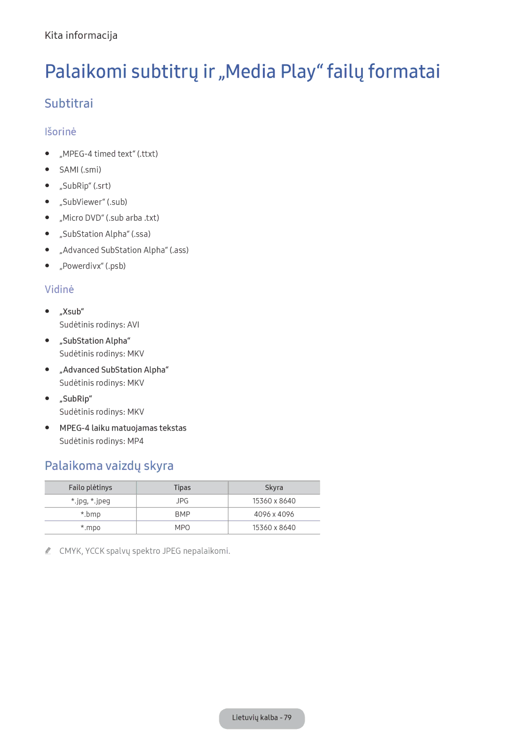 Samsung LV32F390FEWXEN manual Palaikomi subtitrų ir „Media Play failų formatai, Subtitrai, Palaikoma vaizdų skyra, Išorinė 