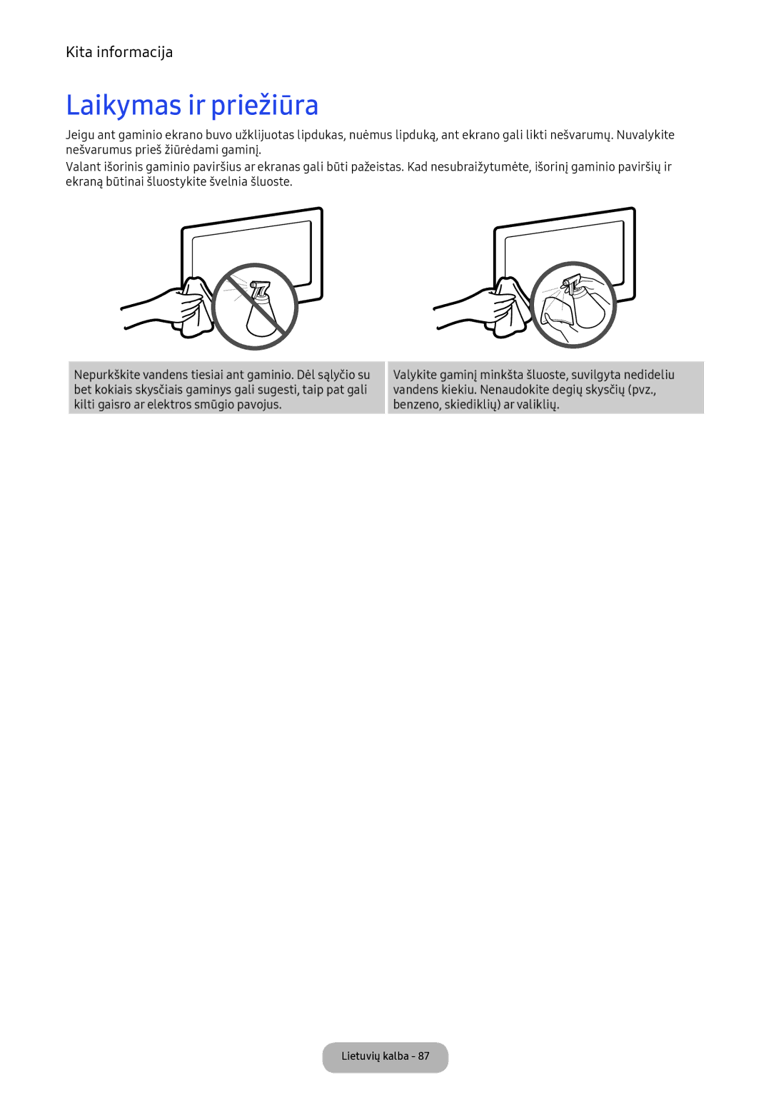 Samsung LV32F390FEWXEN, LV27F390FEWXEN manual Laikymas ir priežiūra 