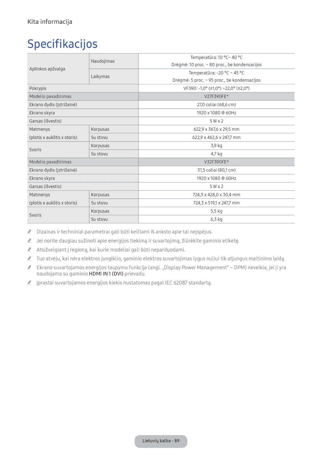 Samsung LV32F390FEWXEN, LV27F390FEWXEN manual Specifikacijos 