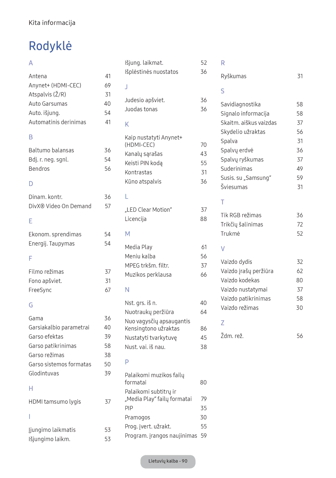 Samsung LV27F390FEWXEN, LV32F390FEWXEN manual Rodyklė 