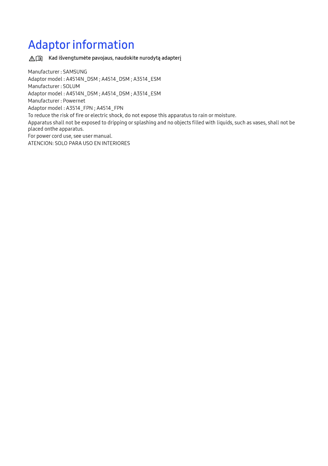 Samsung LV32F390FEWXEN, LV27F390FEWXEN manual Adaptor information, Kad išvengtumėte pavojaus, naudokite nurodytą adapterį 