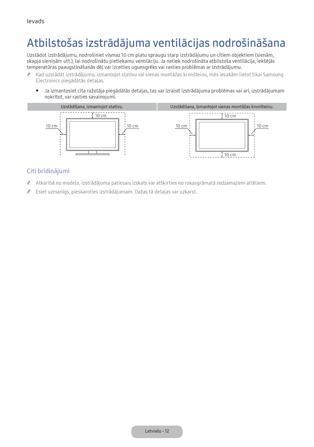 Samsung LV27F390FEWXEN, LV32F390FEWXEN manual Atbilstošas izstrādājuma ventilācijas nodrošināšana, Citi brīdinājumi 