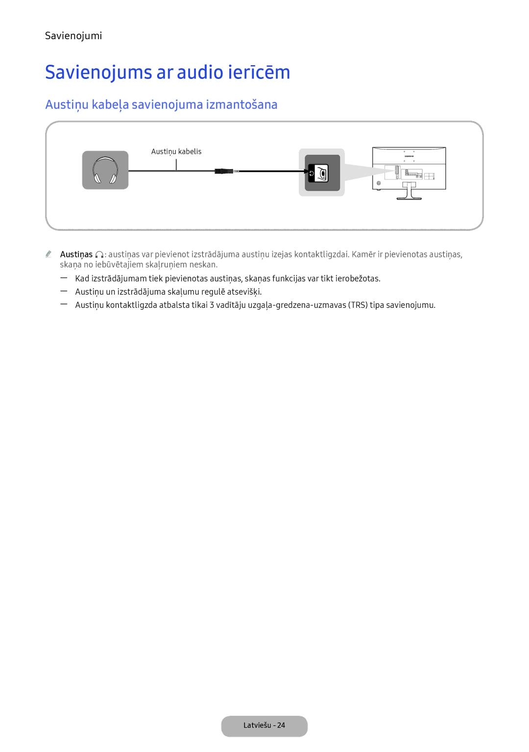 Samsung LV27F390FEWXEN, LV32F390FEWXEN manual Savienojums ar audio ierīcēm, Austiņu kabeļa savienojuma izmantošana 