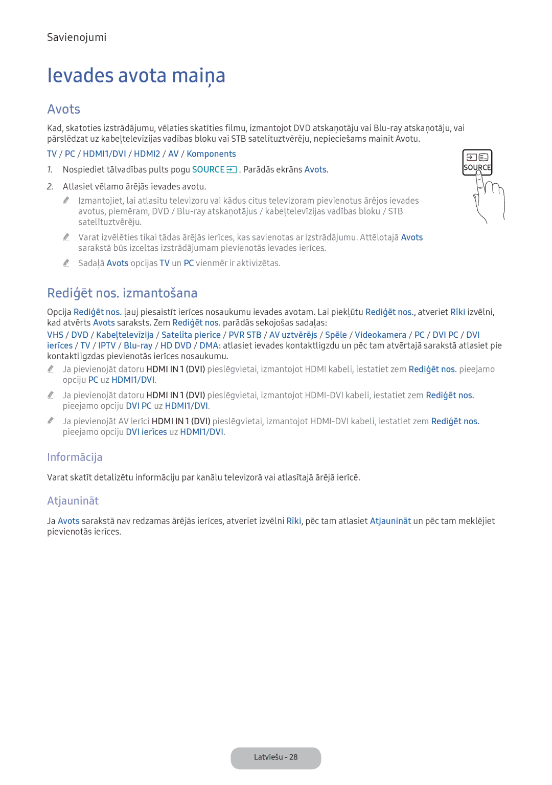 Samsung LV27F390FEWXEN, LV32F390FEWXEN manual Ievades avota maiņa, Avots, Rediģēt nos. izmantošana, Informācija, Atjaunināt 