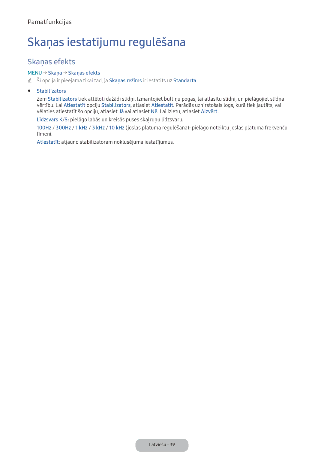 Samsung LV32F390FEWXEN, LV27F390FEWXEN manual Skaņas iestatījumu regulēšana, Menu → Skaņa → Skaņas efekts, Stabilizators 