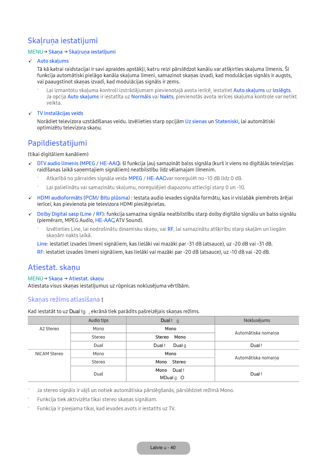 Samsung LV27F390FEWXEN manual Skaļruņa iestatījumi, Papildiestatījumi, Atiestat. skaņu, Skaņas režīms atlasīšana t 