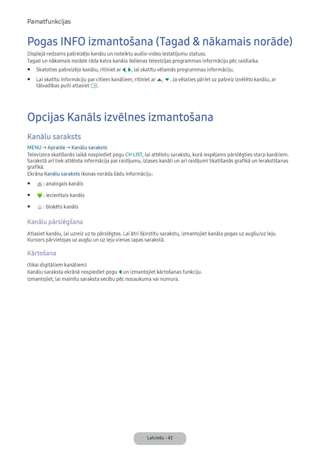 Samsung LV32F390FEWXEN Pogas Info izmantošana Tagad & nākamais norāde, Opcijas Kanāls izvēlnes izmantošana, Kārtošana 