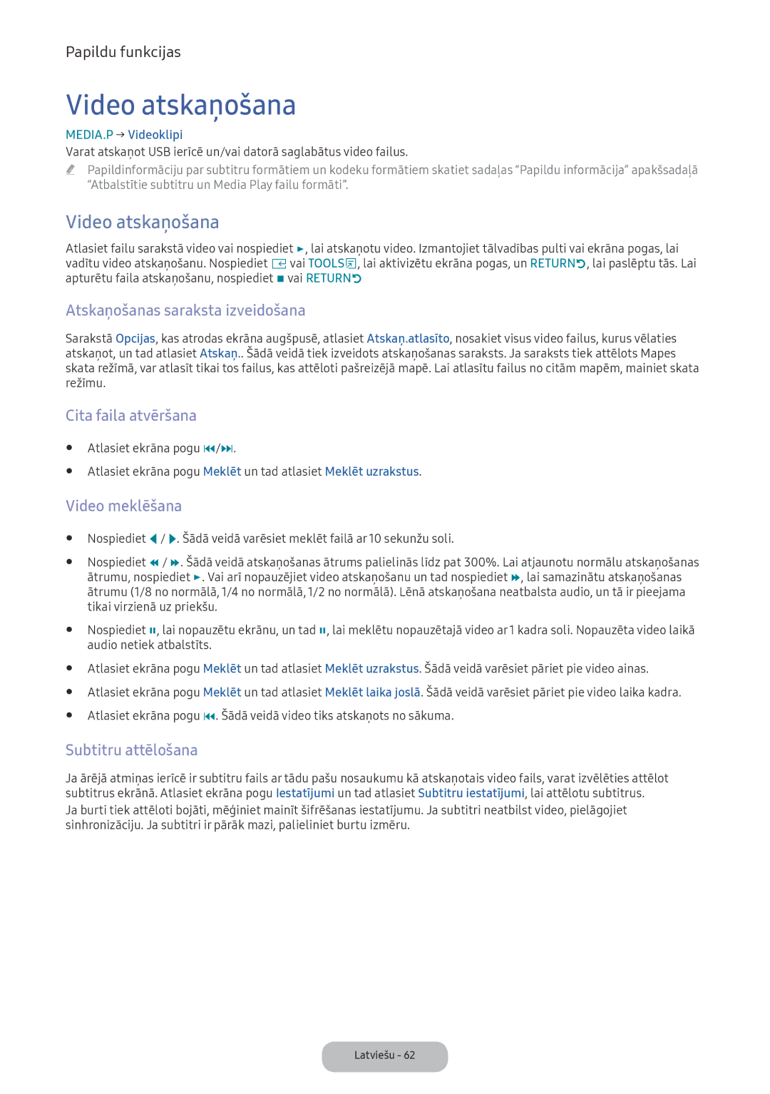 Samsung LV27F390FEWXEN, LV32F390FEWXEN manual Video atskaņošana 