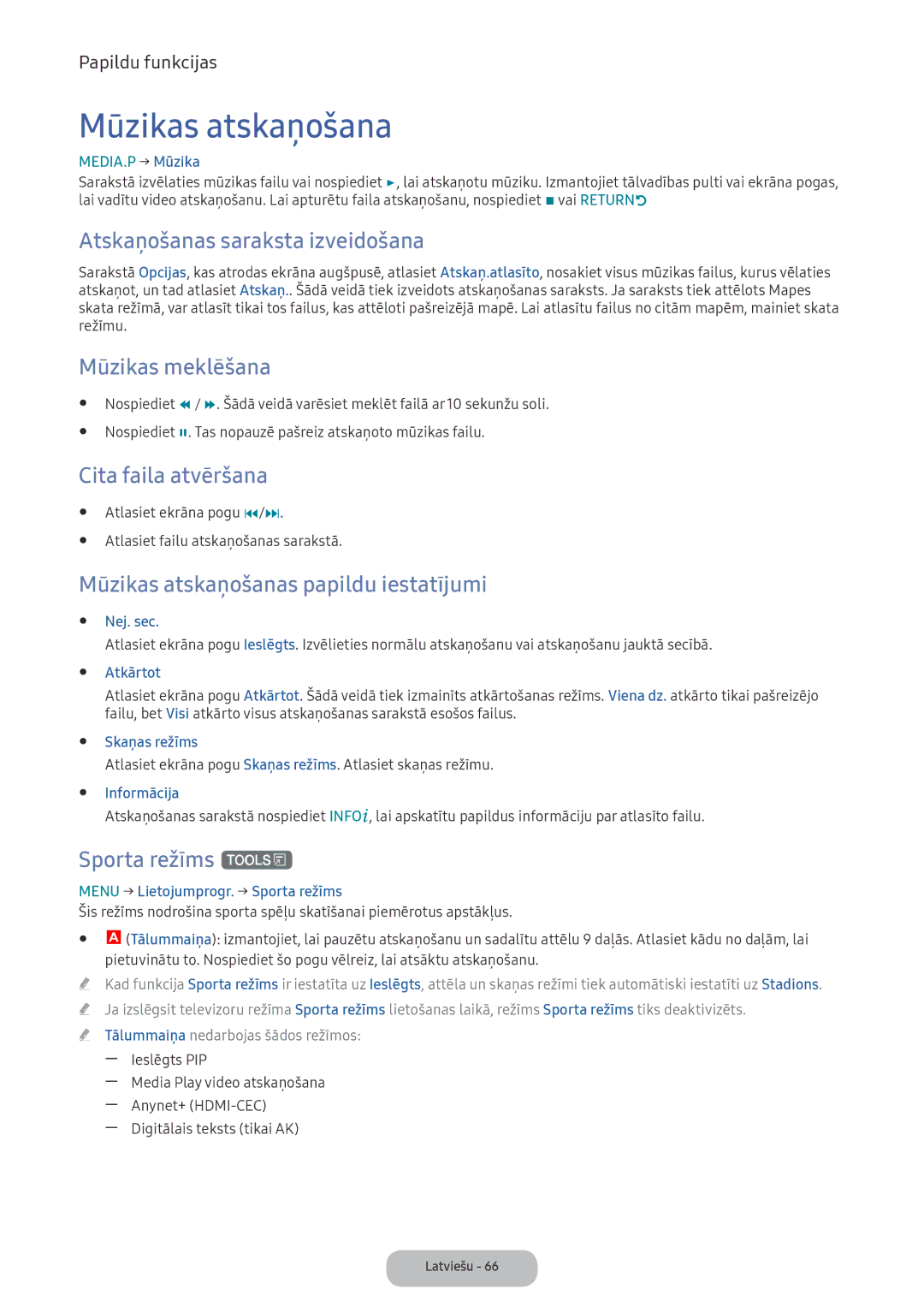 Samsung LV27F390FEWXEN, LV32F390FEWXEN Mūzikas meklēšana, Mūzikas atskaņošanas papildu iestatījumi, Sporta režīms t 