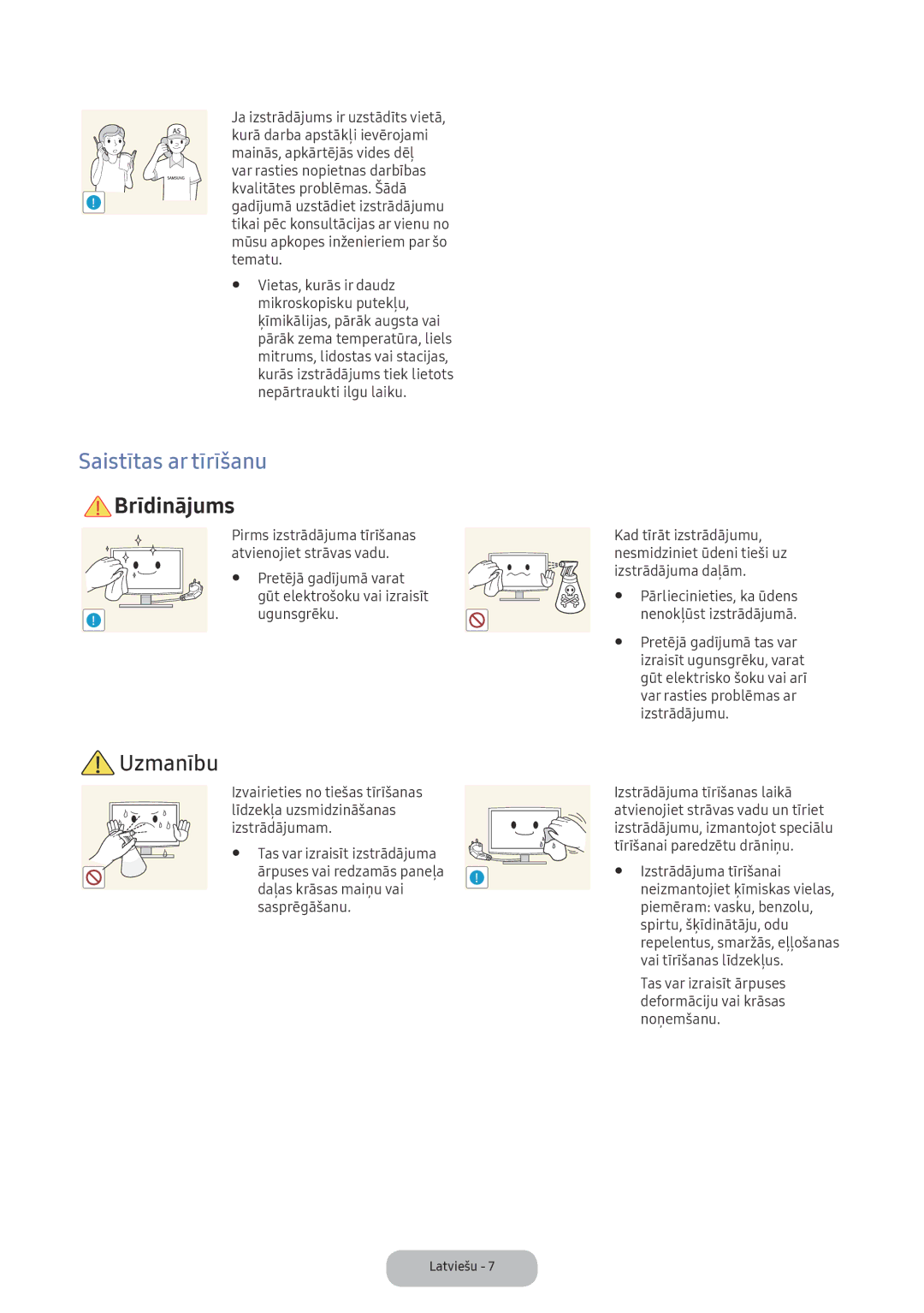 Samsung LV32F390FEWXEN, LV27F390FEWXEN manual Saistītas ar tīrīšanu, Var rasties problēmas ar, Izstrādājumu 