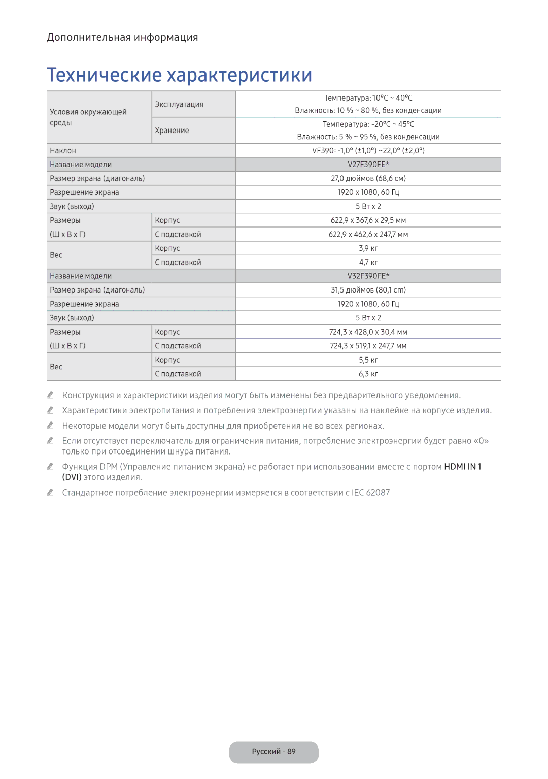 Samsung LV32F390FEWXEN, LV27F390FEWXEN manual Технические характеристики 