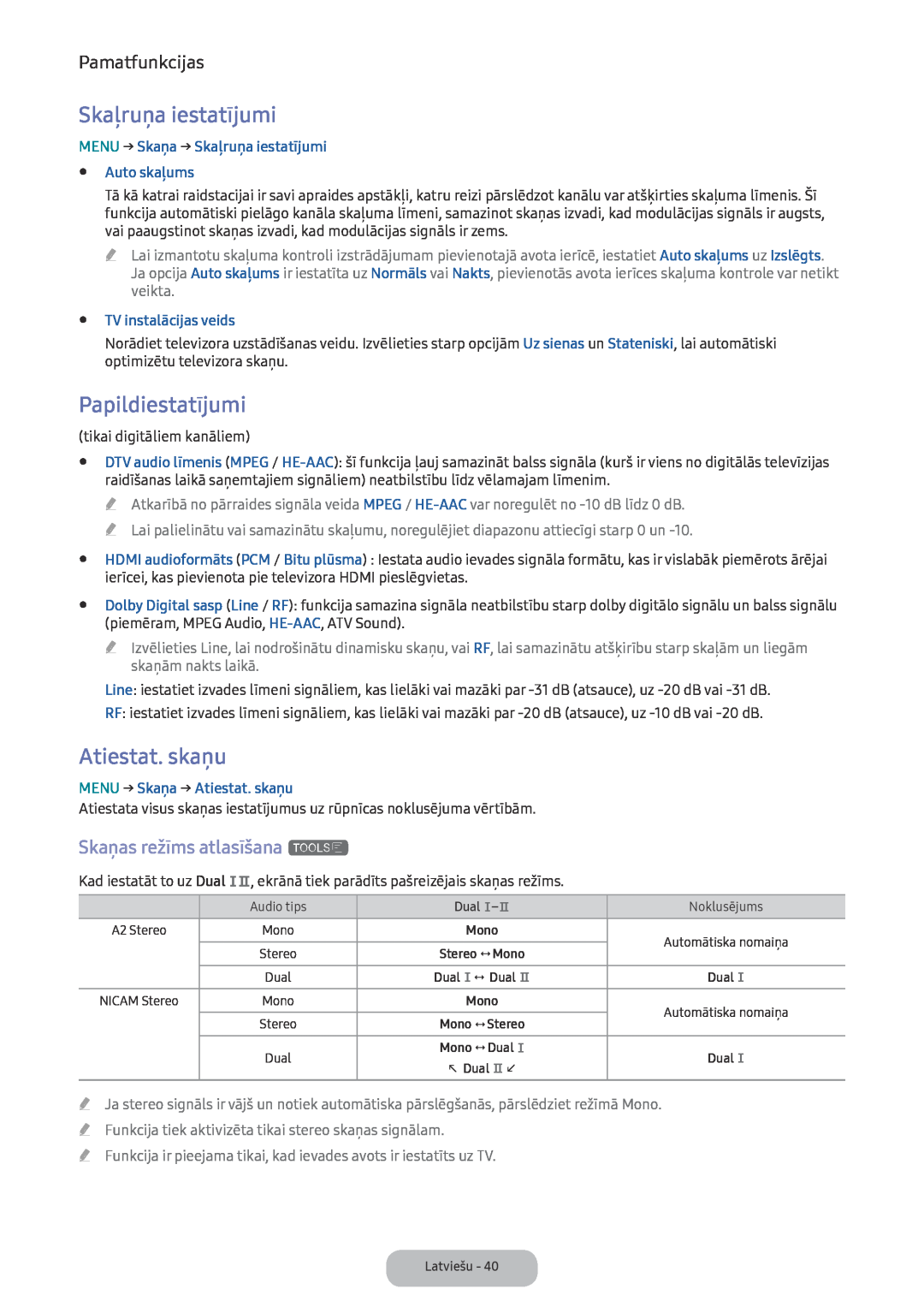 Samsung LV27F390FEWXEN manual Skaļruņa iestatījumi, Papildiestatījumi, Atiestat. skaņu, Skaņas režīms atlasīšana t 