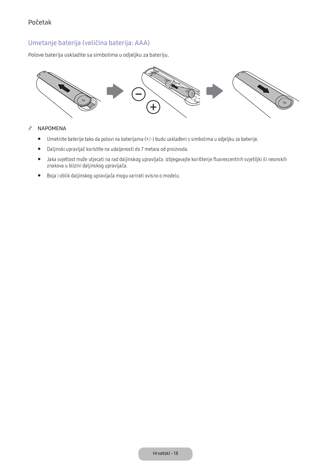 Samsung LV32F390FEIXEN manual Umetanje baterija veličina baterija AAA, Znakova u blizini daljinskog upravljača 