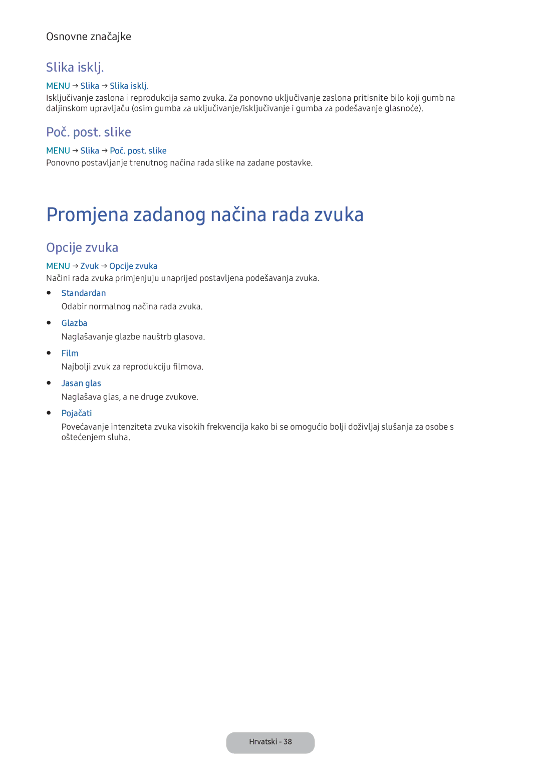 Samsung LV32F390FEIXEN manual Promjena zadanog načina rada zvuka, Slika isklj, Poč. post. slike, Opcije zvuka 