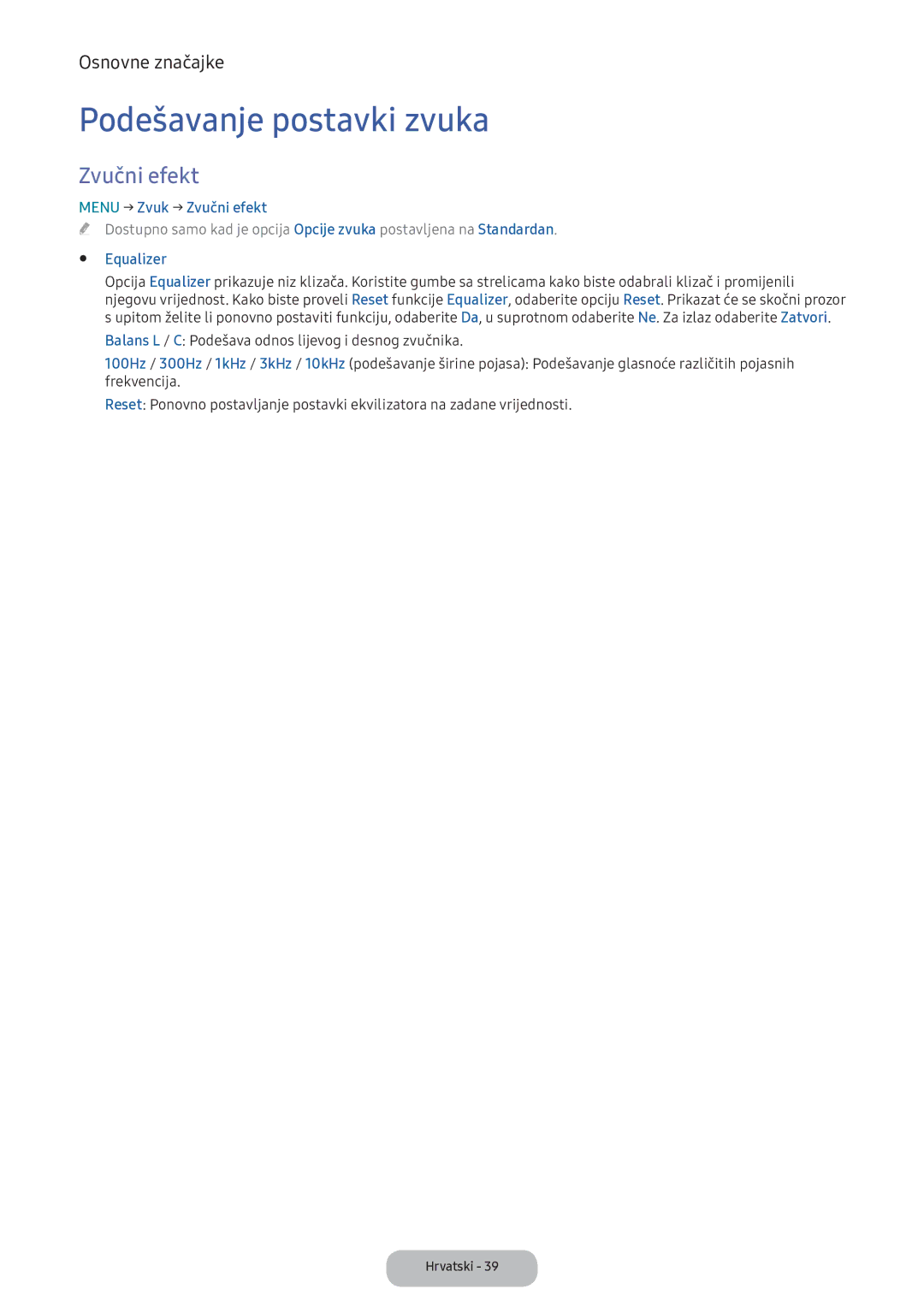Samsung LV32F390FEIXEN manual Podešavanje postavki zvuka, Menu → Zvuk → Zvučni efekt, Equalizer 