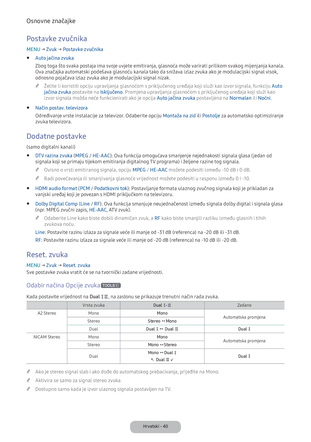 Samsung LV32F390FEIXEN manual Postavke zvučnika, Dodatne postavke, Reset. zvuka, Odabir načina Opcije zvukat 