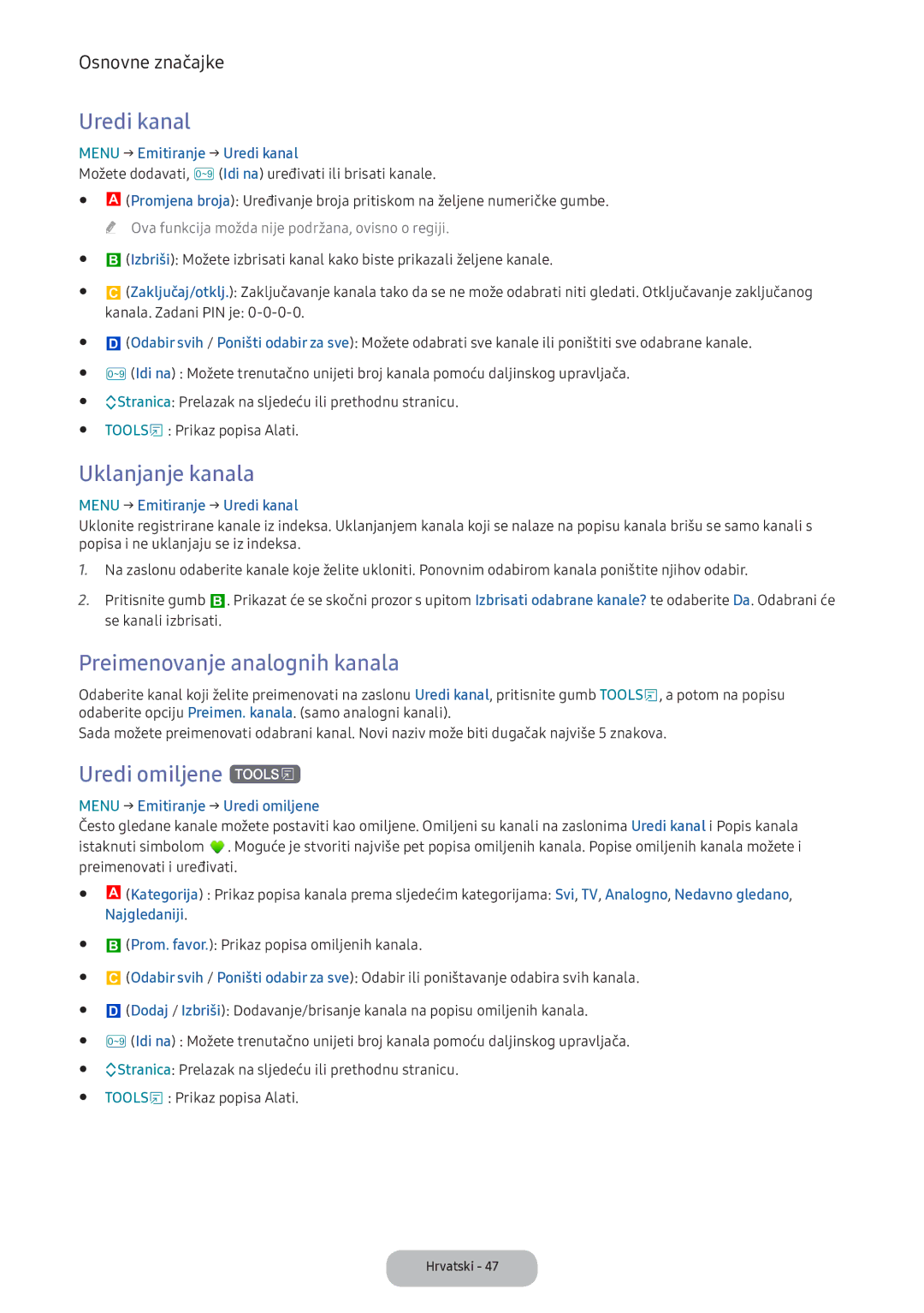 Samsung LV32F390FEIXEN manual Uredi kanal, Uklanjanje kanala, Preimenovanje analognih kanala, Uredi omiljene t 
